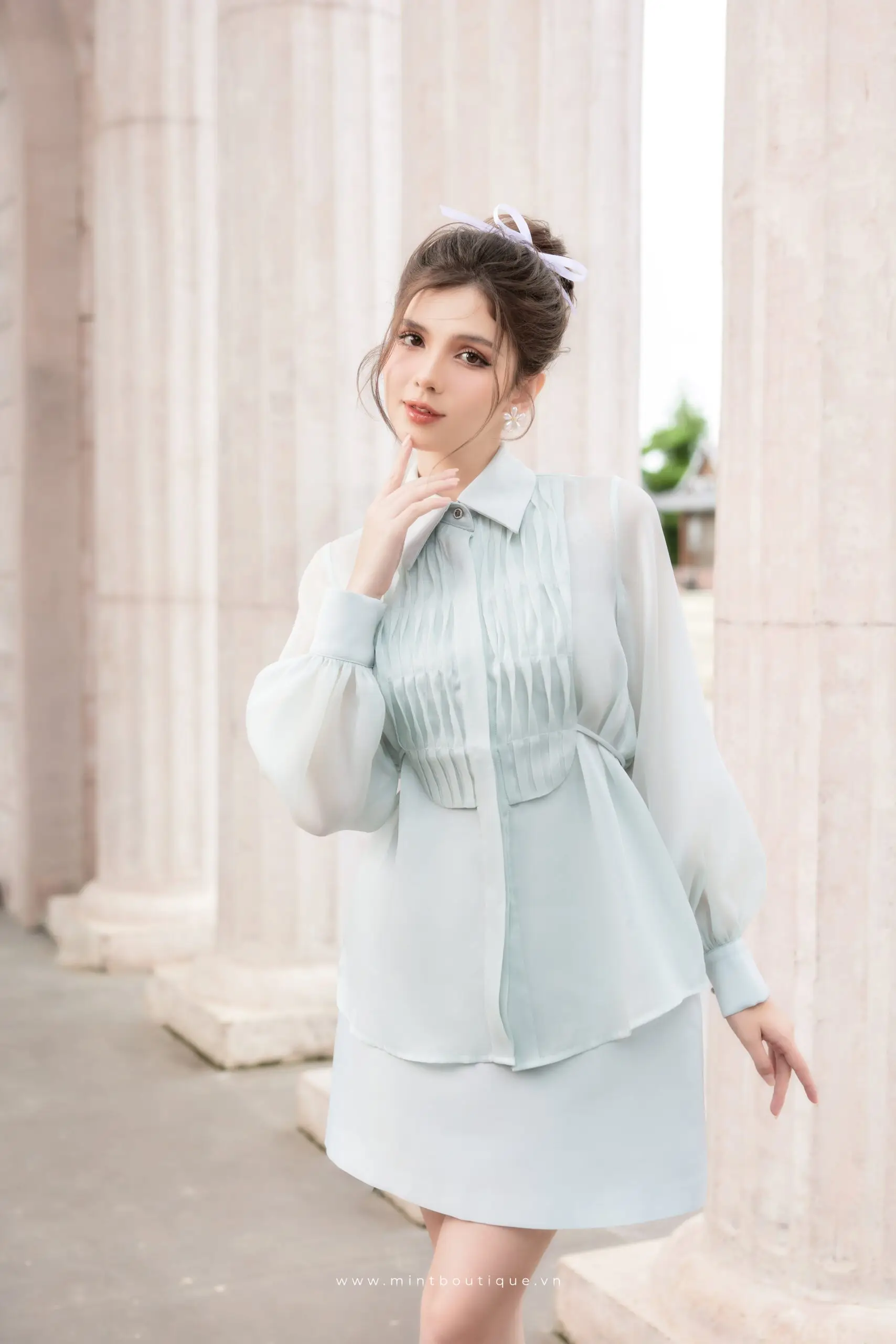 Áo sơ mi tơ hóng xanh mint