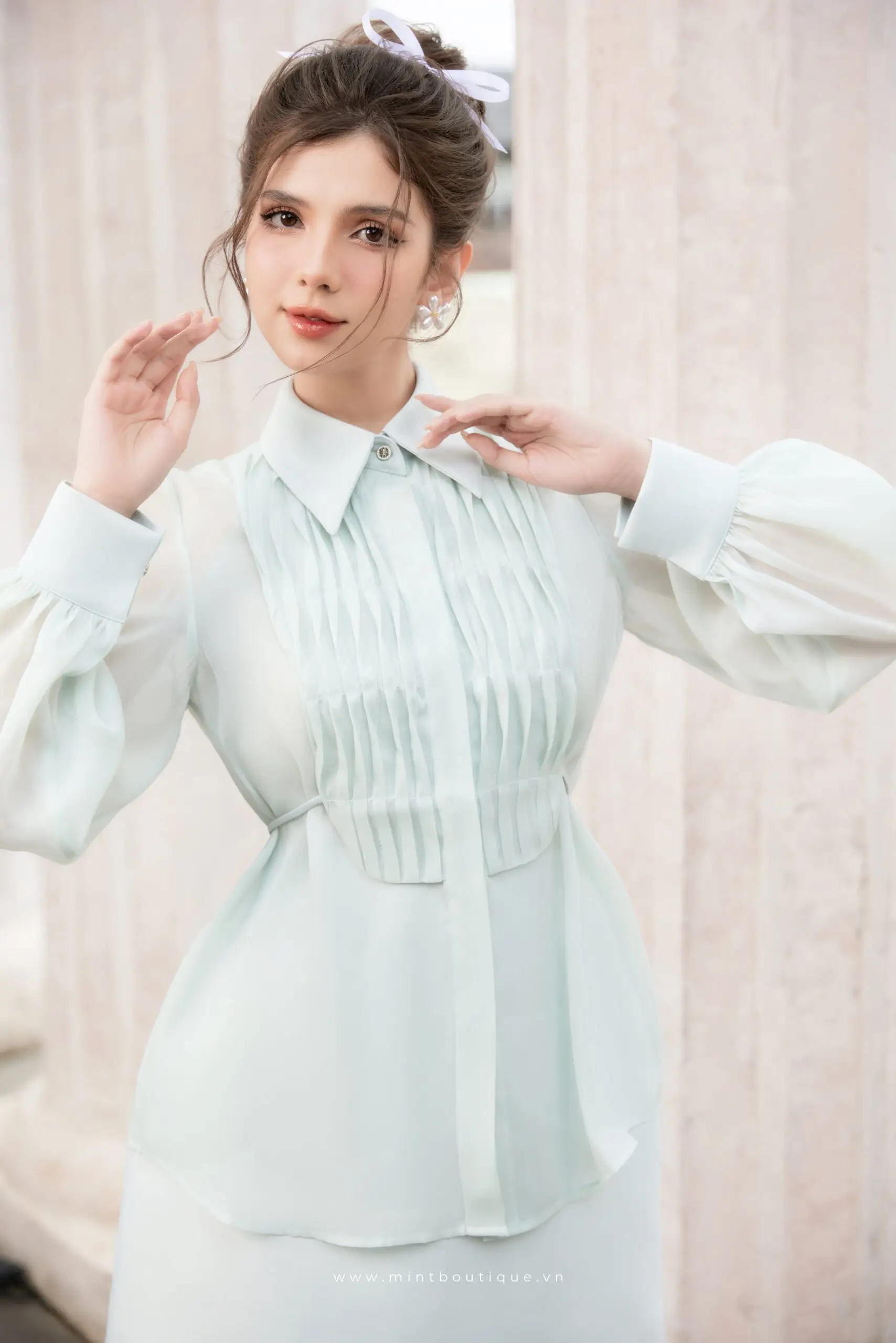 Áo sơ mi tơ hóng xanh mint - Image 3