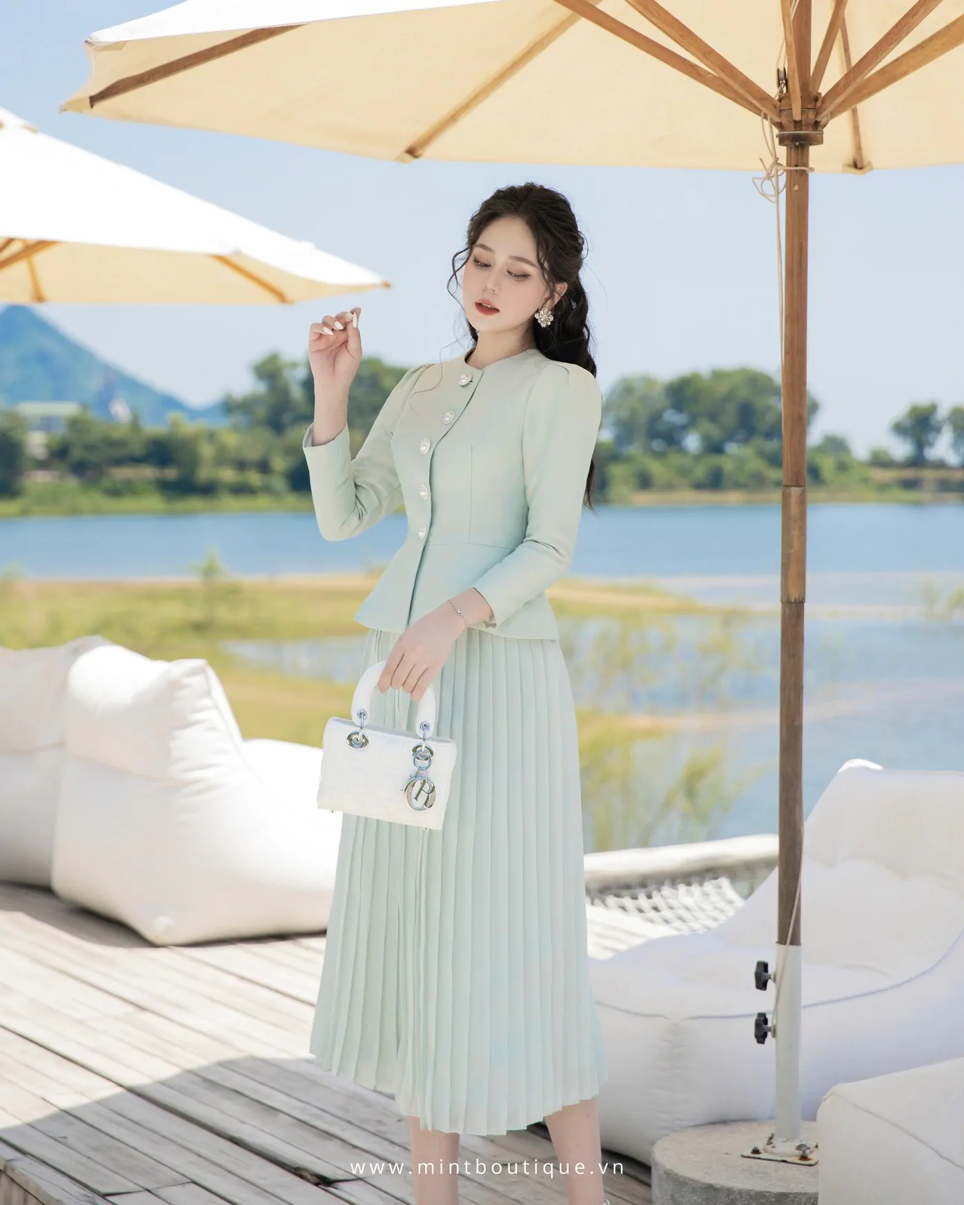 Chân váy midi xếp ly tơ óng xanh mint - Image 2