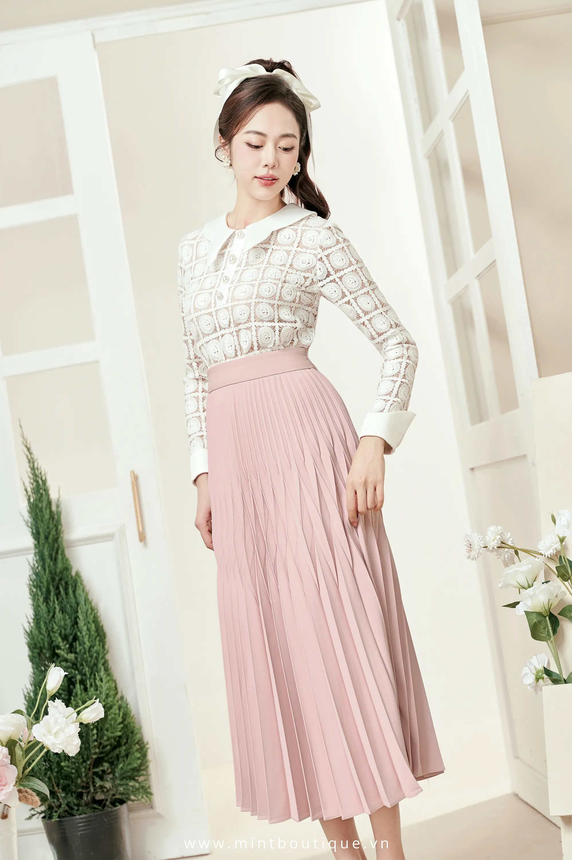 Chân váy midi chéo dior hồng phấn rẻ quạt lá tre - Image 6