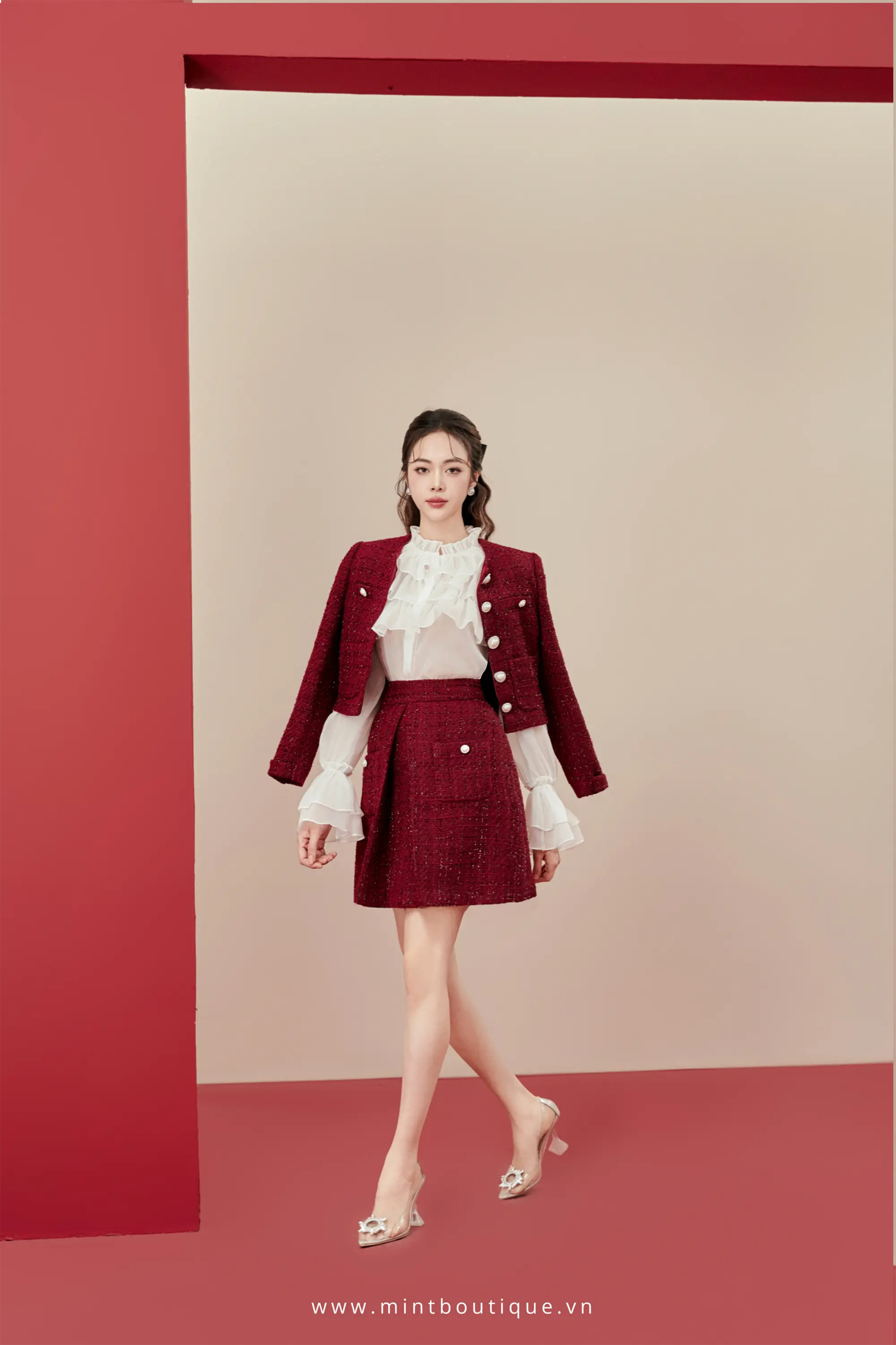 Chân váy dạ đỏ kim tuyến xếp ly túi ốp đính cúc trai - Image 3