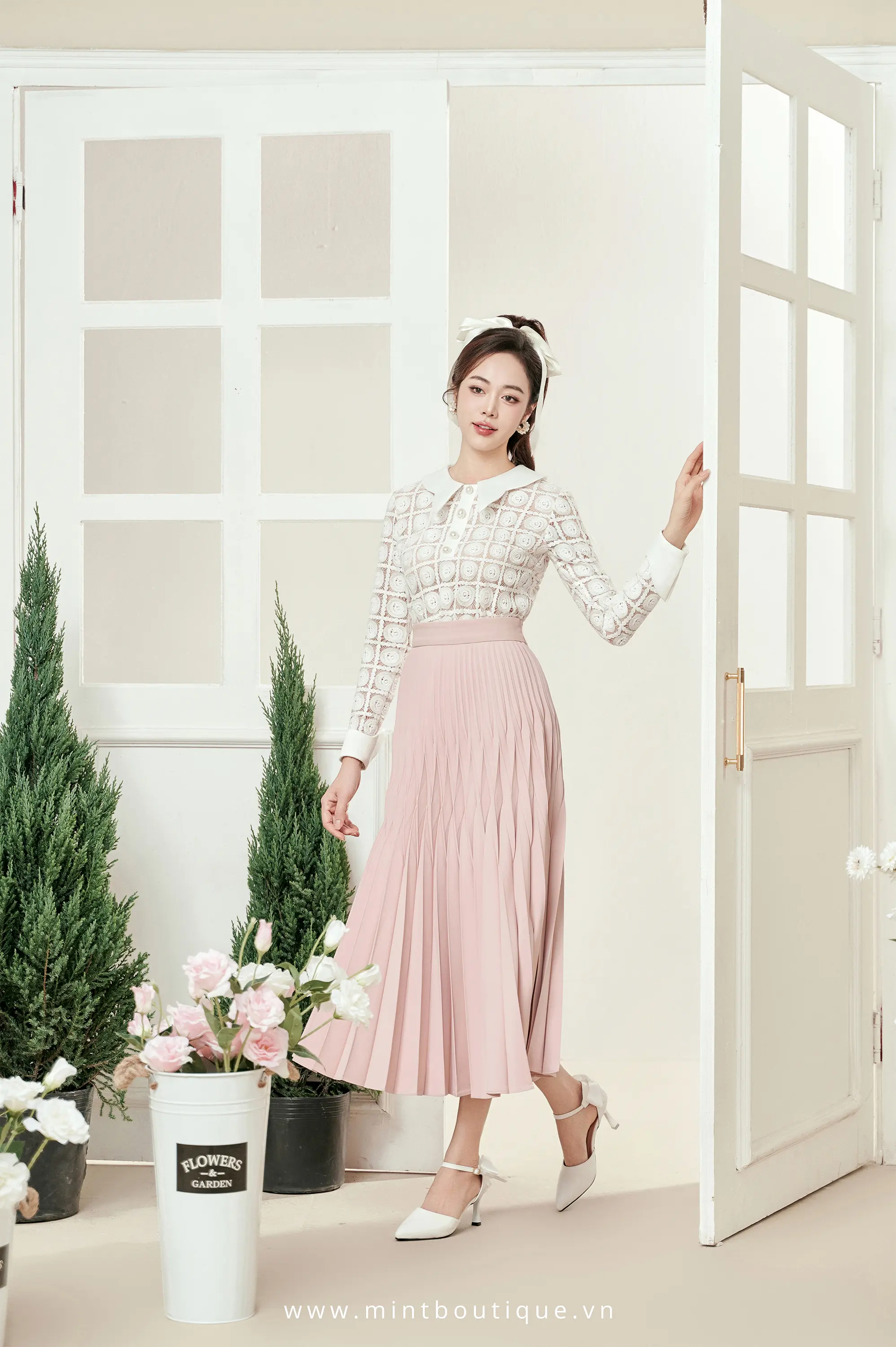 Chân váy midi chéo dior hồng phấn rẻ quạt lá tre - Image 5