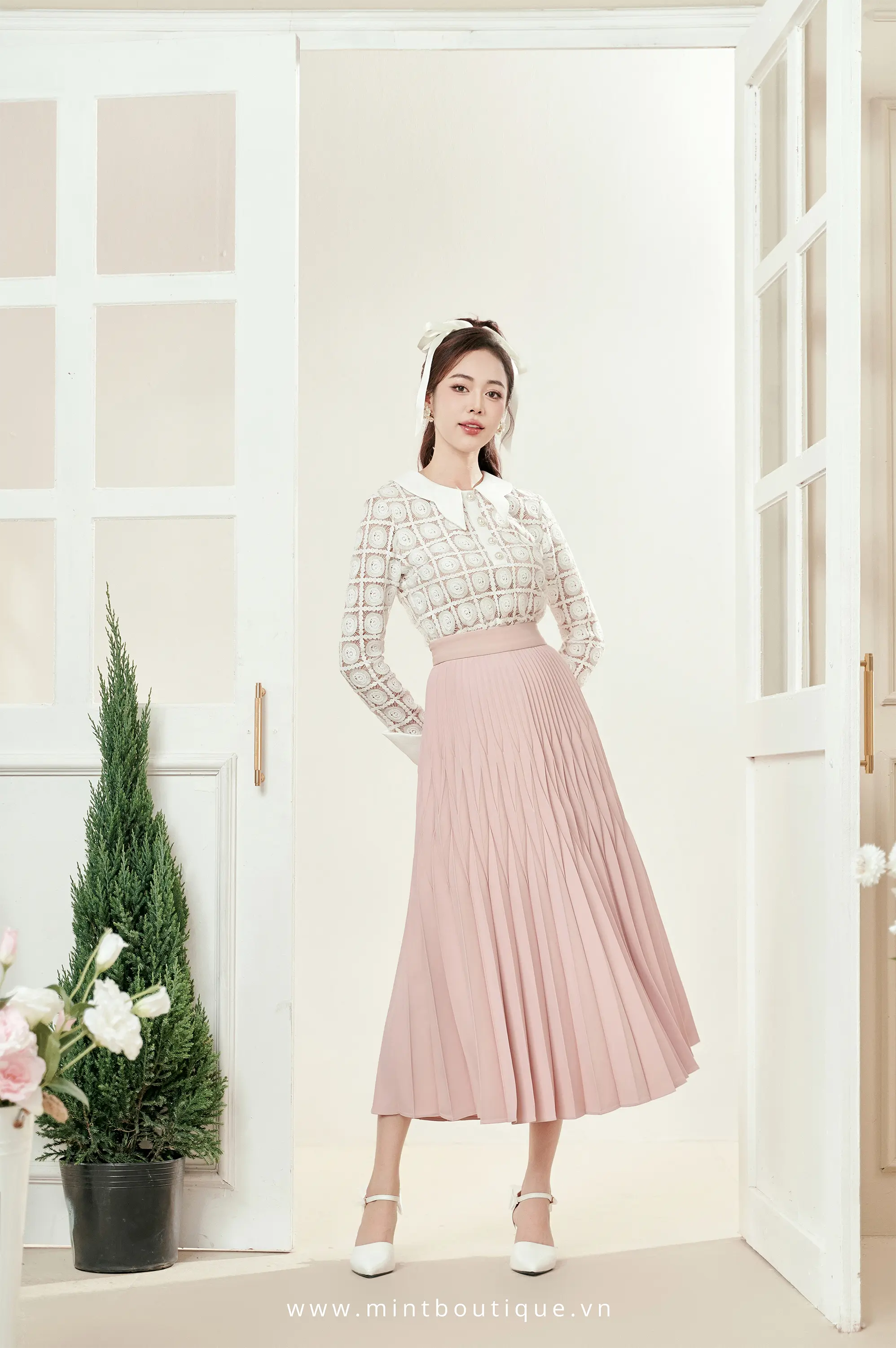 Chân váy midi chéo dior hồng phấn rẻ quạt lá tre - Image 4