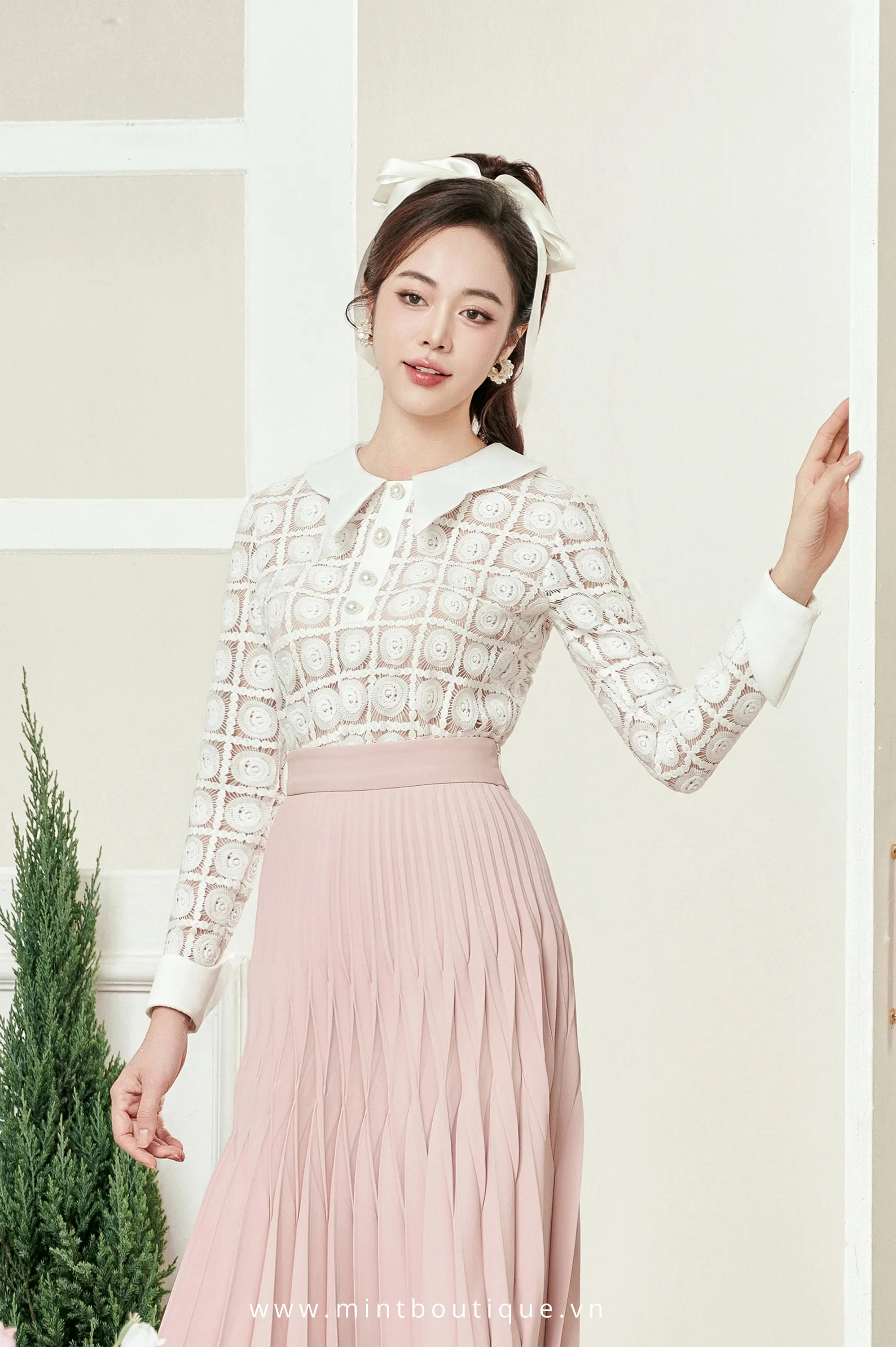 Chân váy midi chéo dior hồng phấn rẻ quạt lá tre