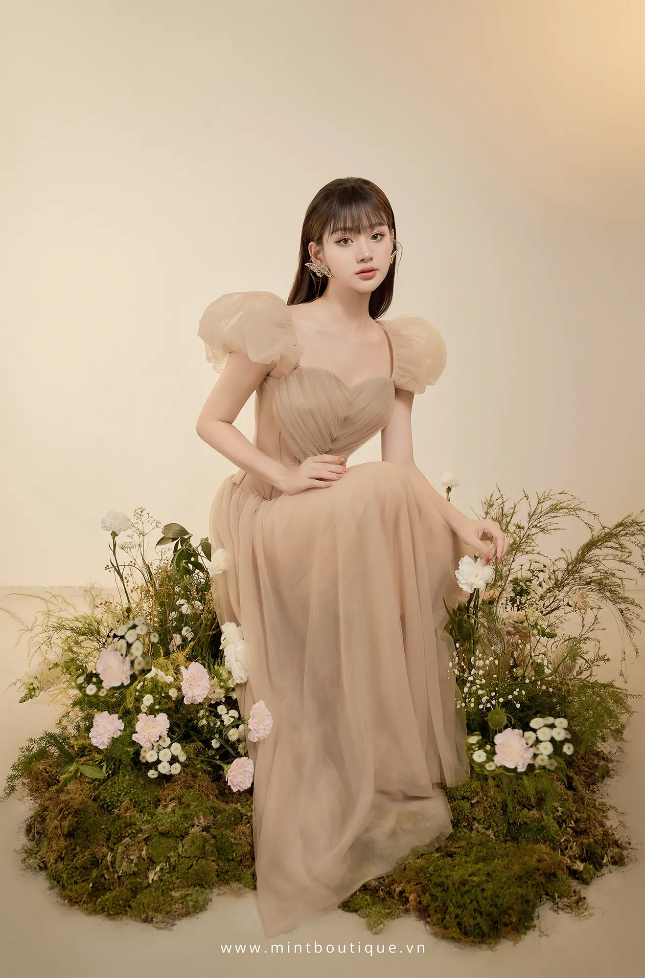 Váy liền midi lưới nâu cúp ngực trái tim cao cấp