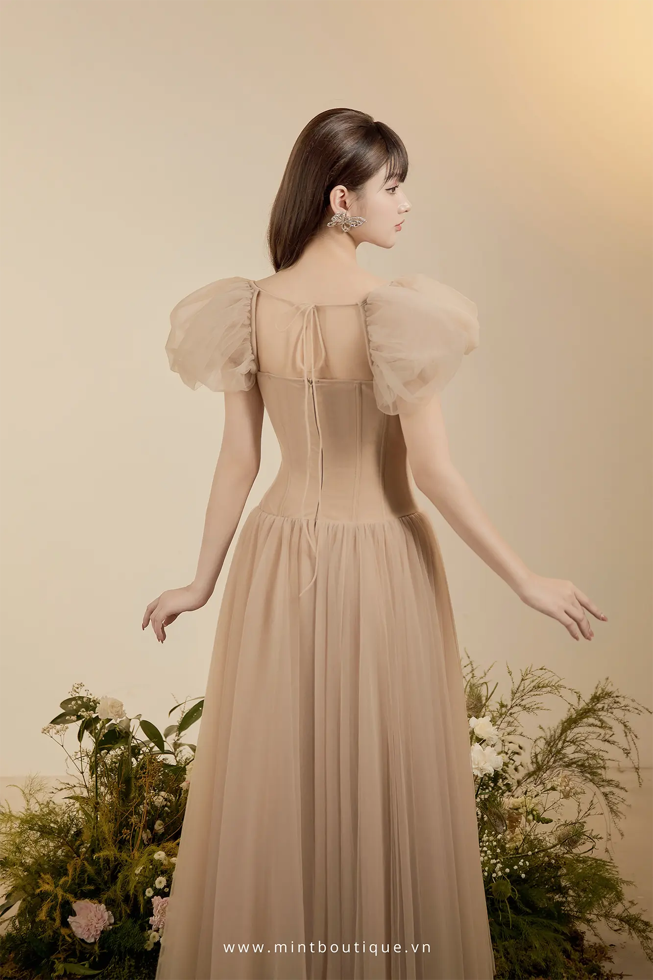 Váy liền midi lưới nâu cúp ngực trái tim cao cấp - Image 3