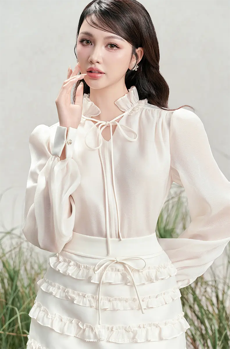 Chân váy A tafta kem kê bèo tầng nơ chỉ kem - Image 5