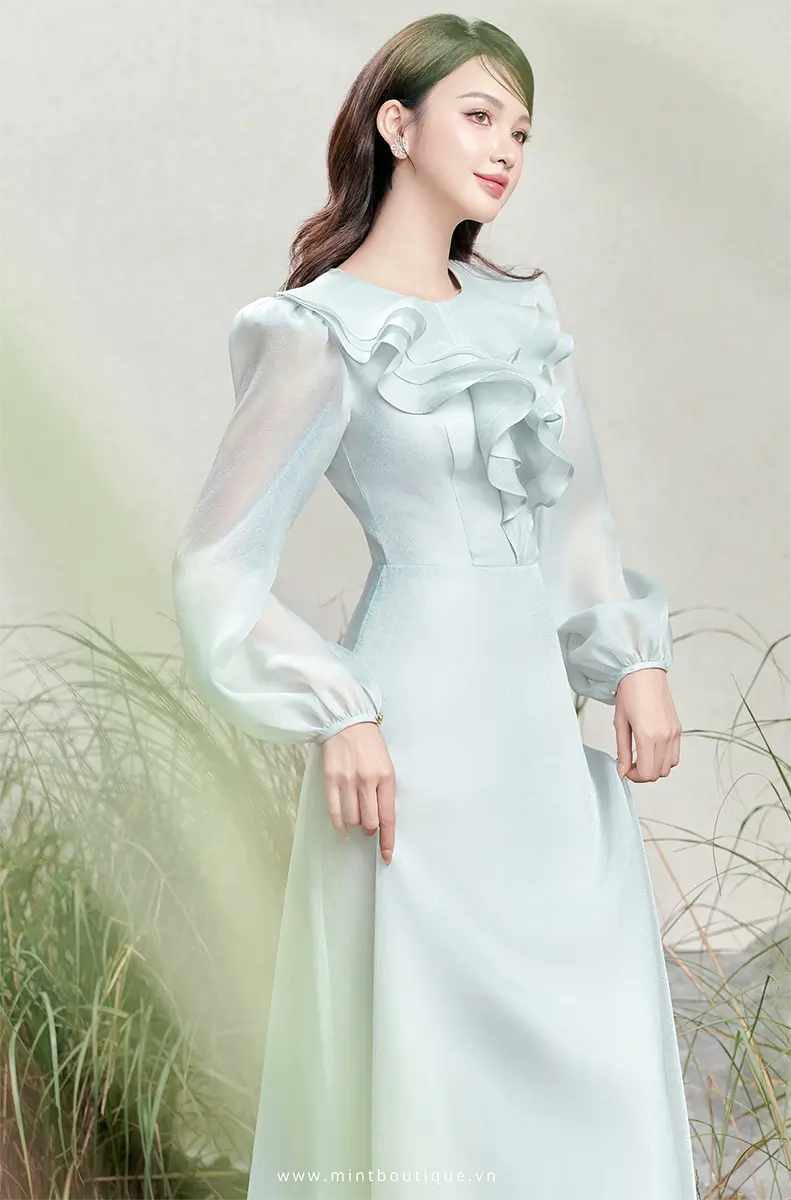 Váy liền midi tơ óng xanh mint cổ tròn xếp bèo