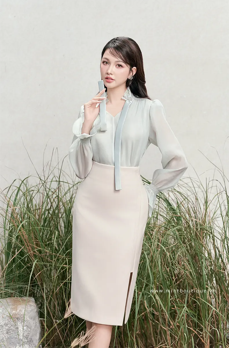 Áo sơ mi tơ óng xanh mint vạt tafta xanh mint tay bồng - Image 2