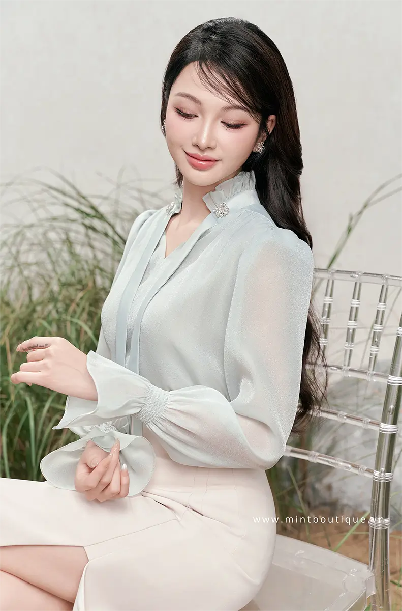 Áo sơ mi tơ óng xanh mint vạt tafta xanh mint tay bồng - Image 3