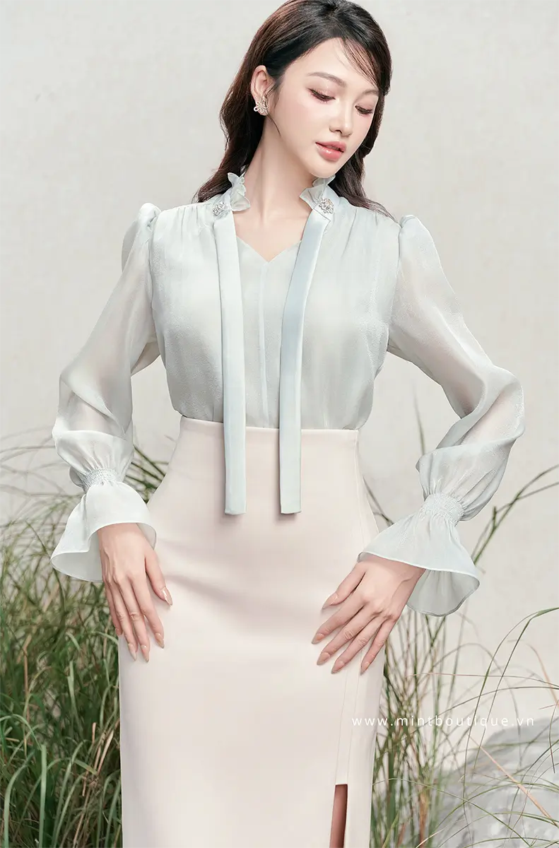 Áo sơ mi tơ óng xanh mint vạt tafta xanh mint tay bồng