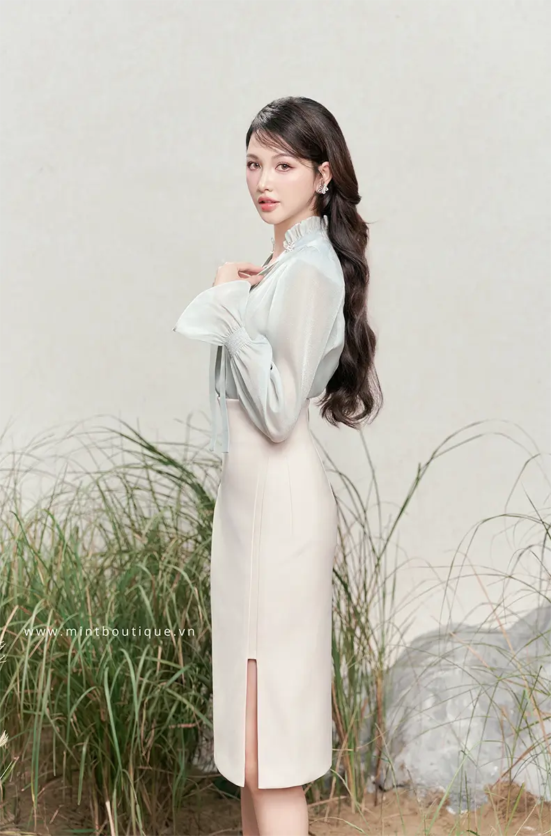 Áo sơ mi tơ óng xanh mint vạt tafta xanh mint tay bồng - Image 4