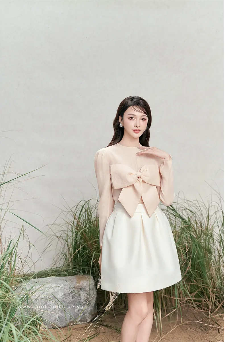 Chân váy tafta kem xếp ly cạp 5cm - Image 2