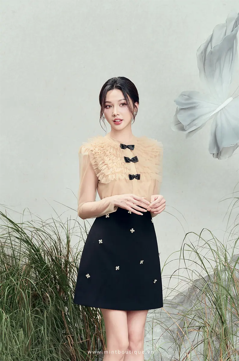 Áo sơ mi lưới da lót da kê bèo lưới cổ tầu tay dài - Image 4