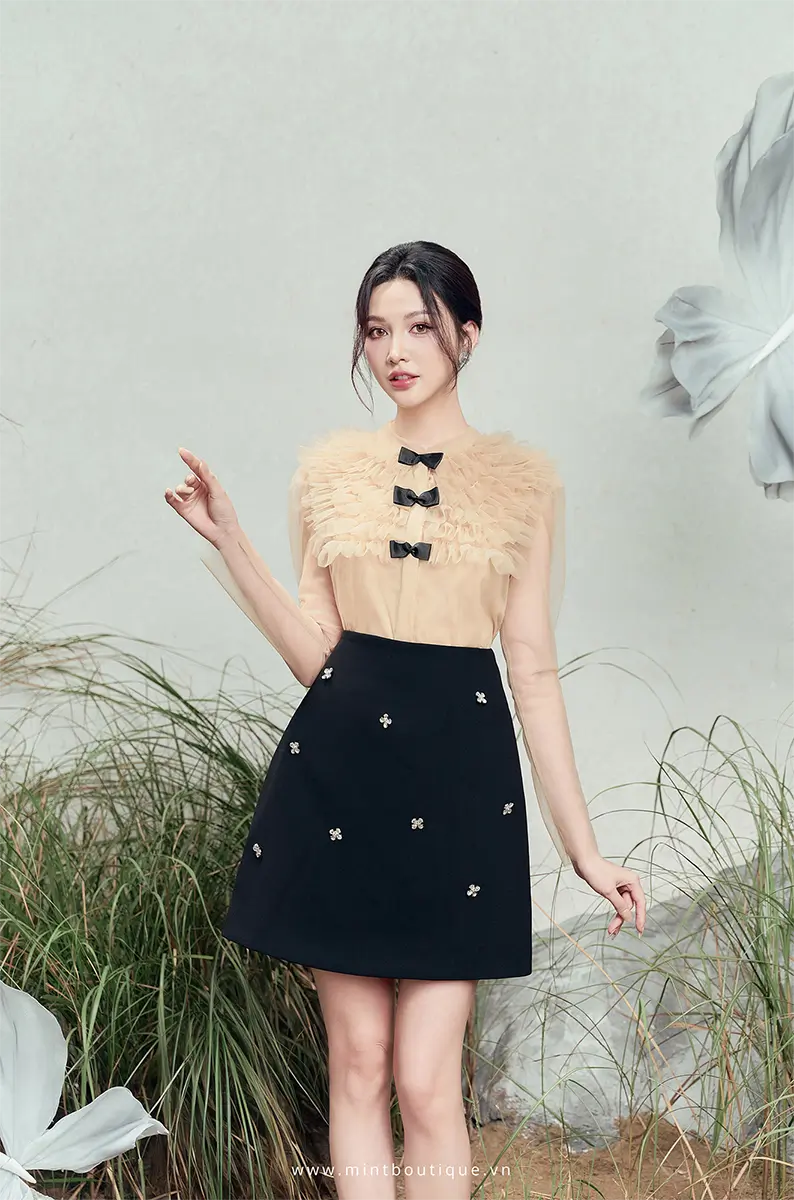 Áo sơ mi lưới da lót da kê bèo lưới cổ tầu tay dài - Image 3