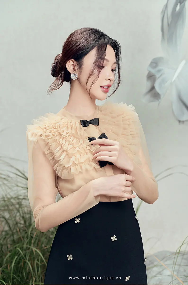 Áo sơ mi lưới da lót da kê bèo lưới cổ tầu tay dài