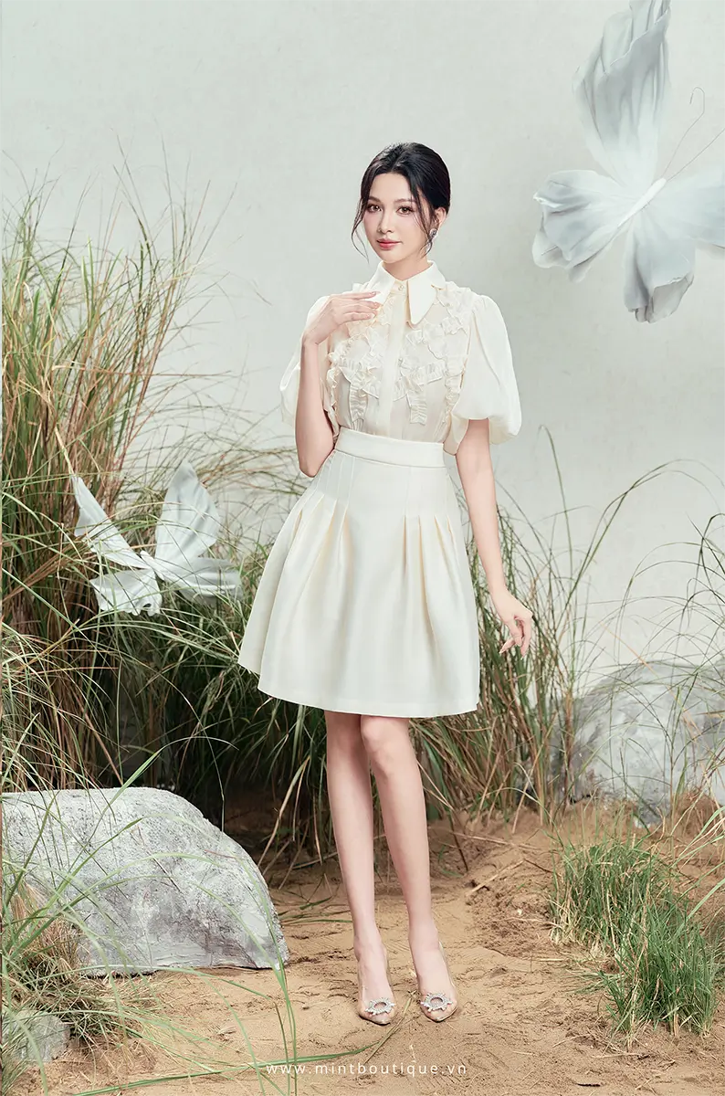 Chân váy taffa kem xếp ly hông - Image 2