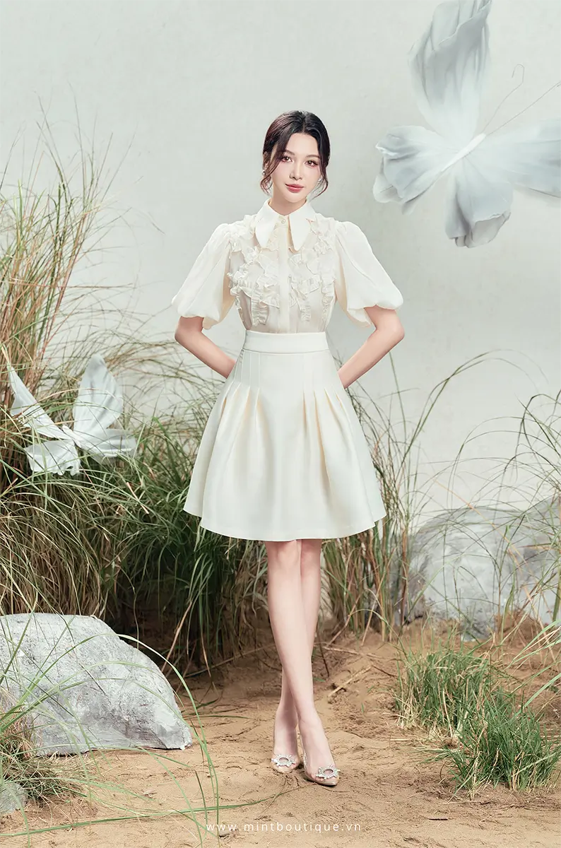 Chân váy taffa kem xếp ly hông - Image 3