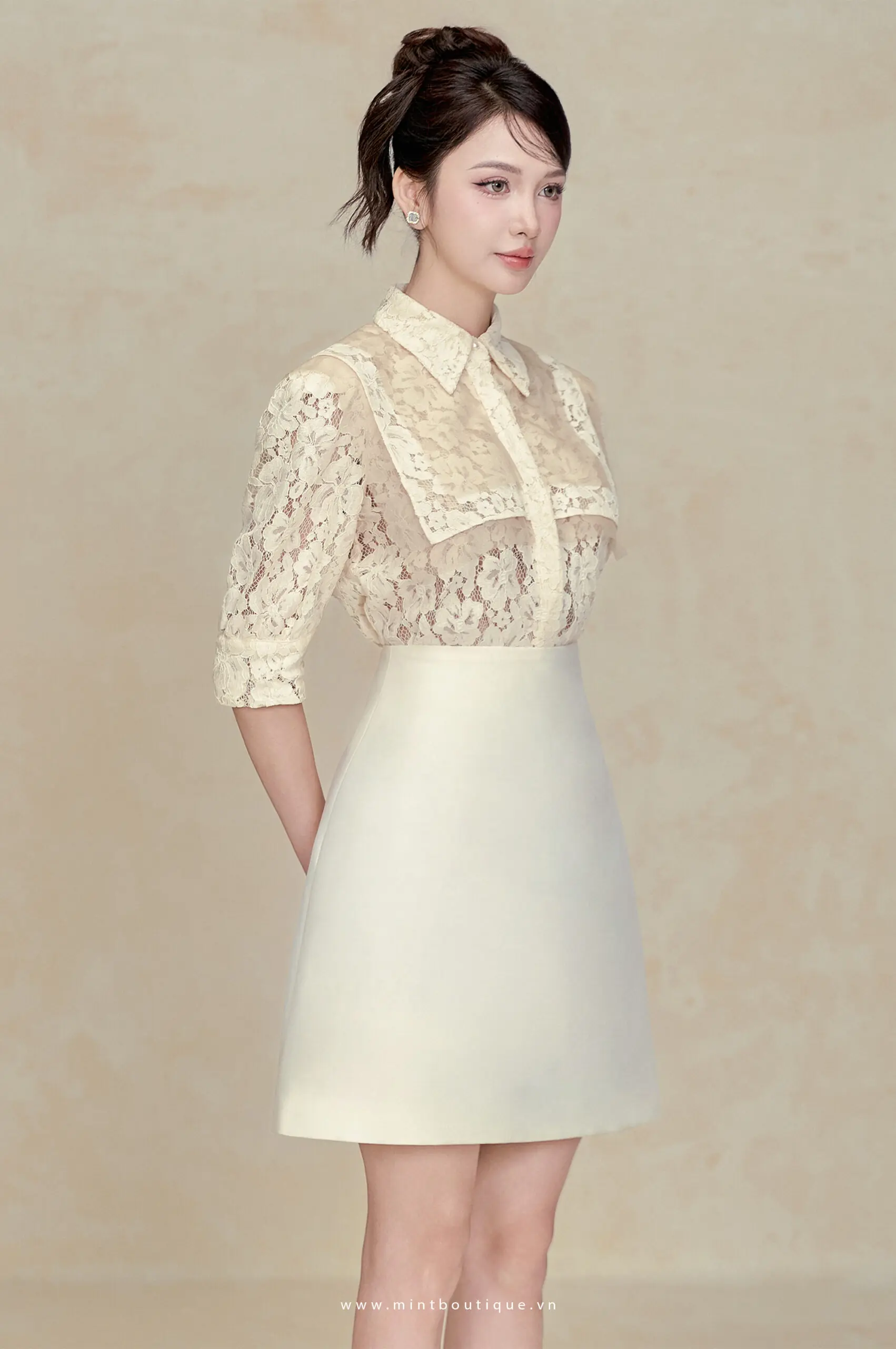 Chân váy tafta kem dáng A ngắn cạp liền - Image 5