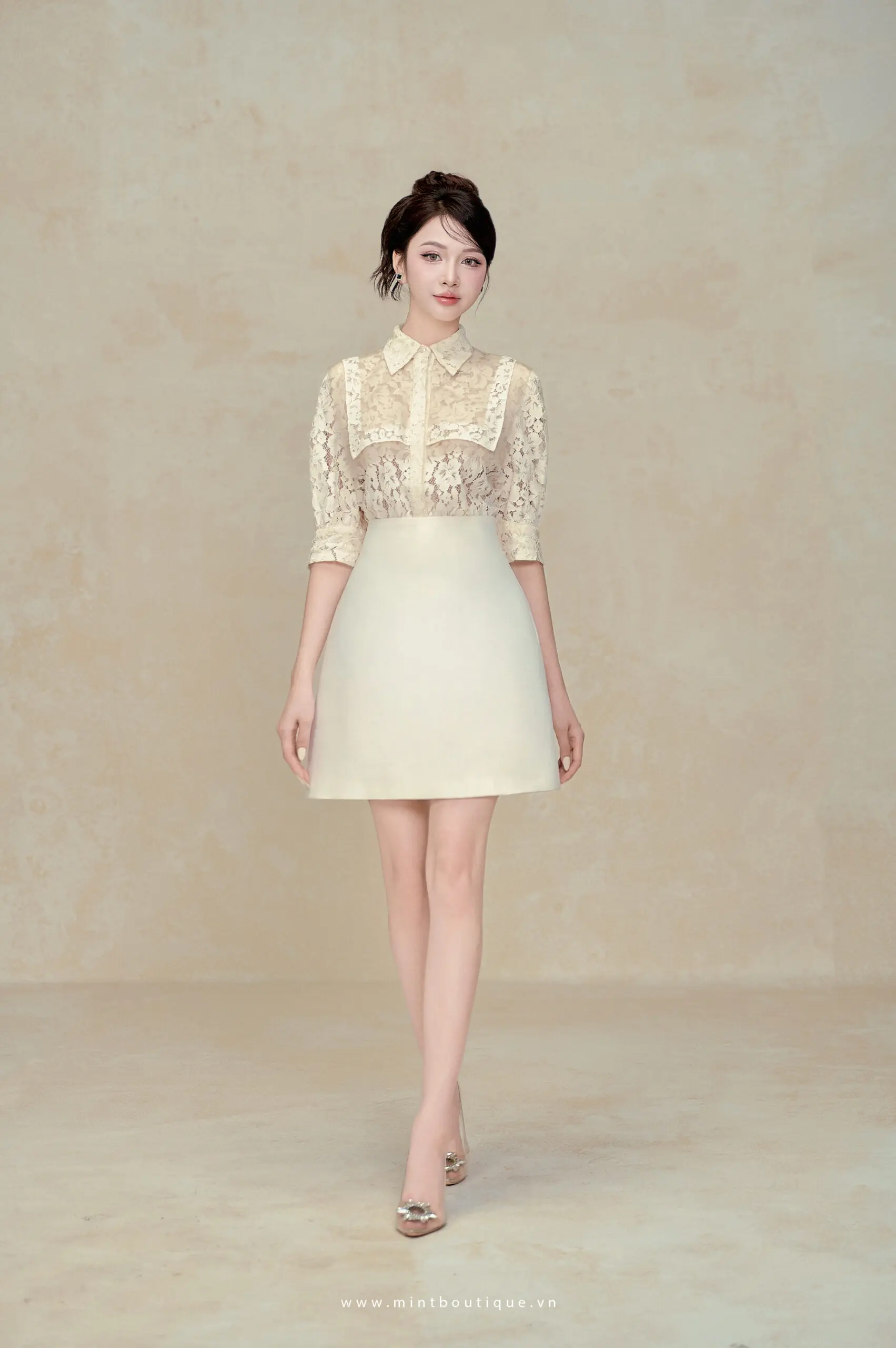 Chân váy tafta kem dáng A ngắn cạp liền - Image 4