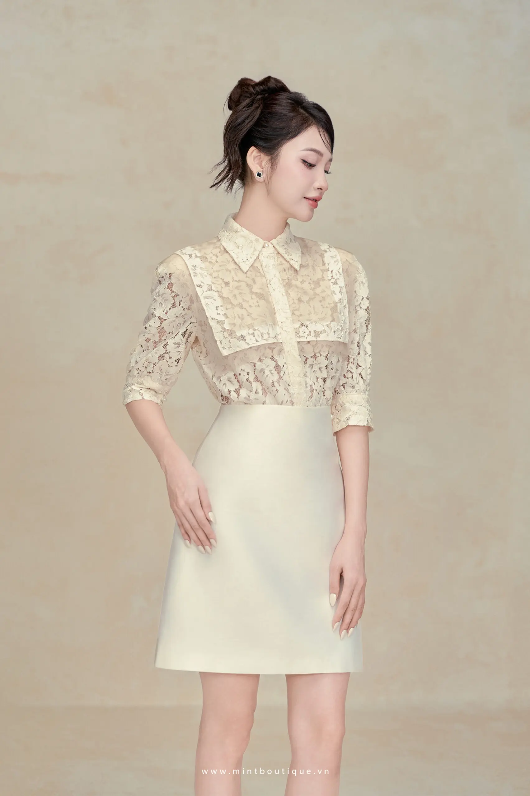 Chân váy tafta kem dáng A ngắn cạp liền - Image 3