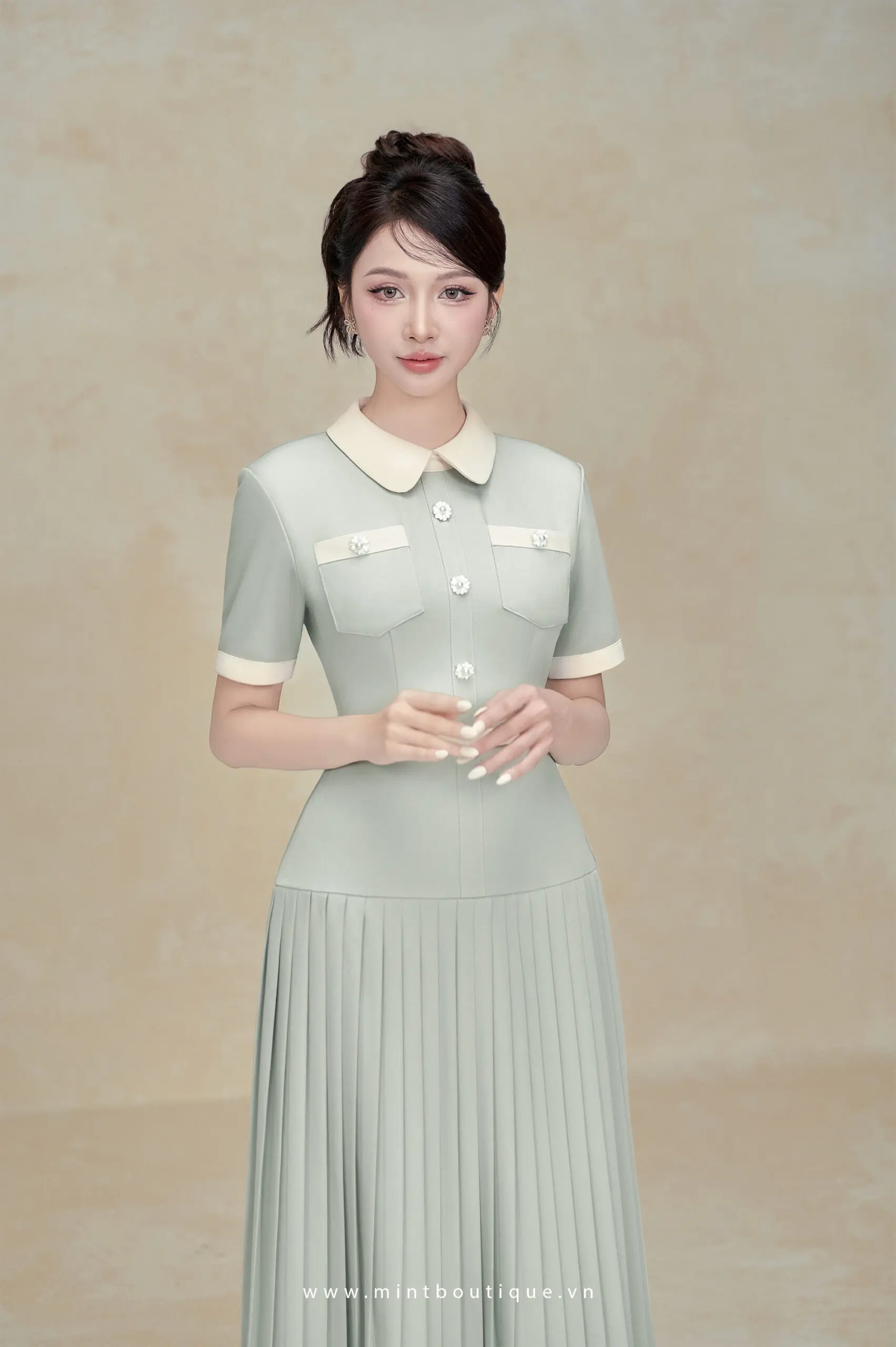 Váy liền midi dior xanh oliu cổ be đính cúc hoa túi ngực tùng xếp ly - Image 5