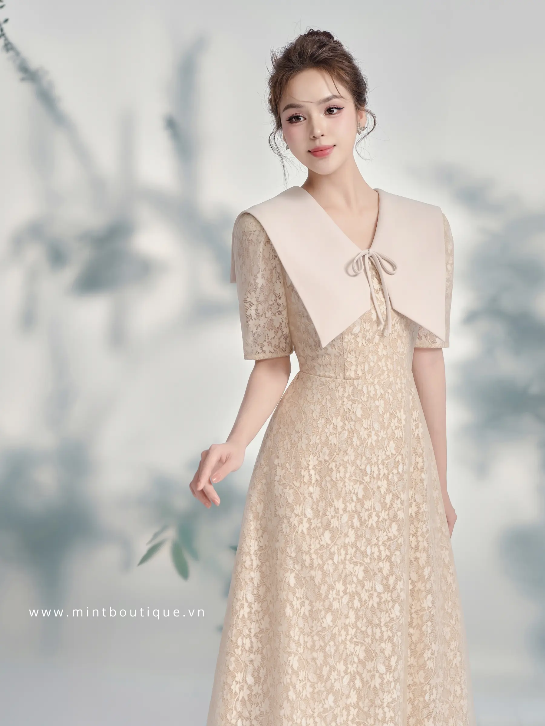 Váy liền midi ren hoa nhí cổ dior be nơ chỉ be - Image 3