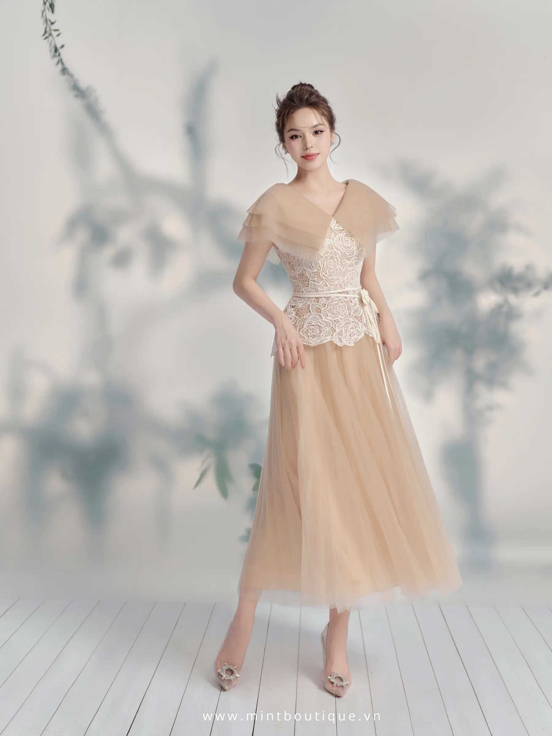 Váy liền ren kem hoa hồng tùng lưới xếp ly rẻ quạt kèm hoa dây rời - Tặng kèm Belt - Image 4