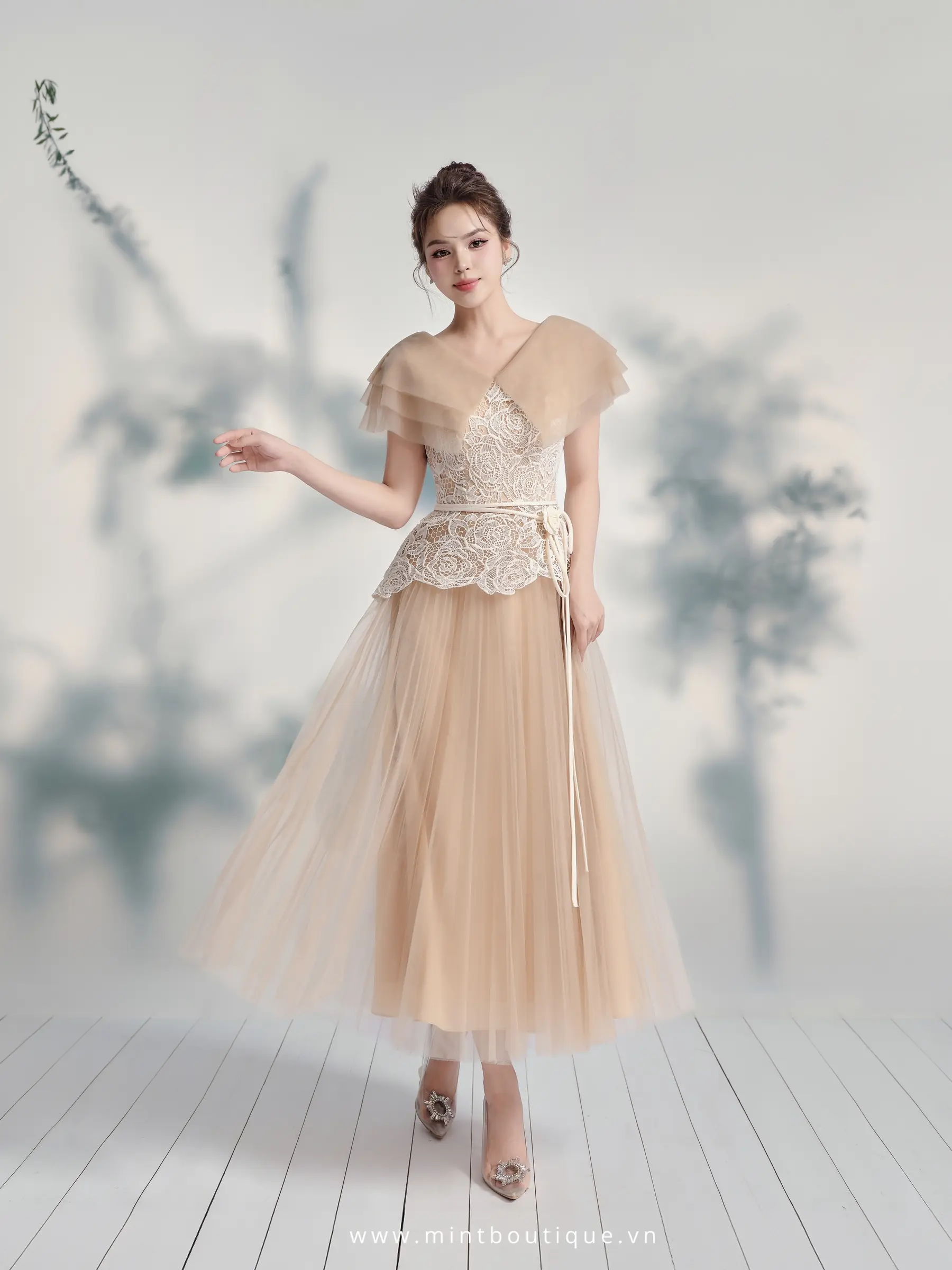 Váy liền ren kem hoa hồng tùng lưới xếp ly rẻ quạt kèm hoa dây rời - Tặng kèm Belt - Image 6