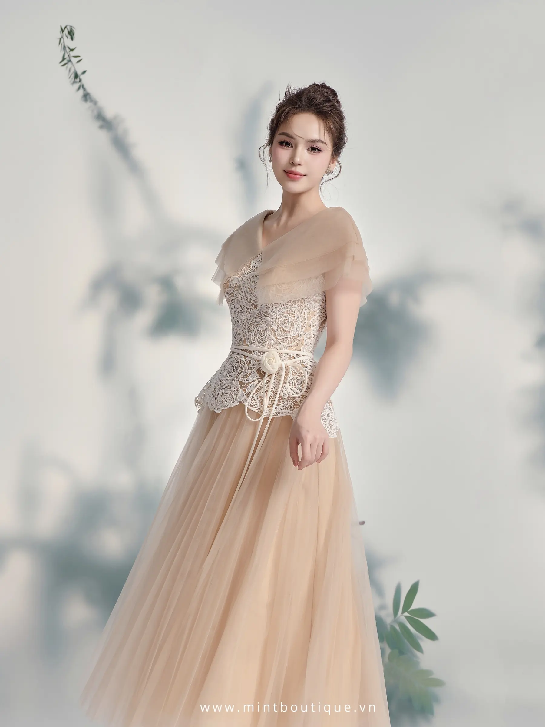 Váy liền ren kem hoa hồng tùng lưới xếp ly rẻ quạt kèm hoa dây rời - Tặng kèm Belt - Image 3