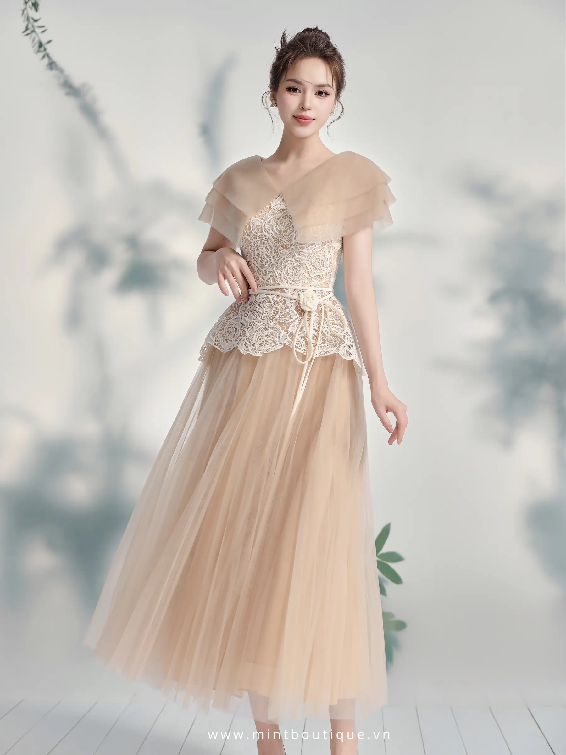 Váy liền ren kem hoa hồng tùng lưới xếp ly rẻ quạt kèm hoa dây rời - Tặng kèm Belt - Image 2