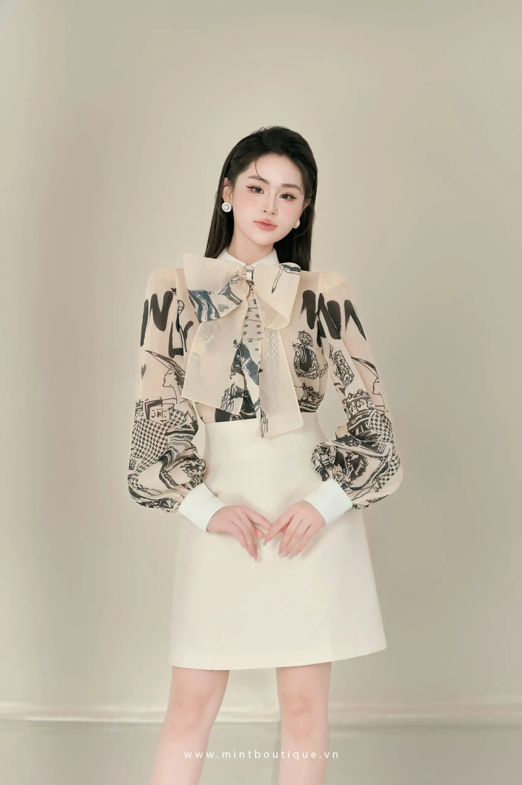 Áo sơ mi họa tiết mint lady tay dài cổ tafta kem kèm nơ rời - Image 4