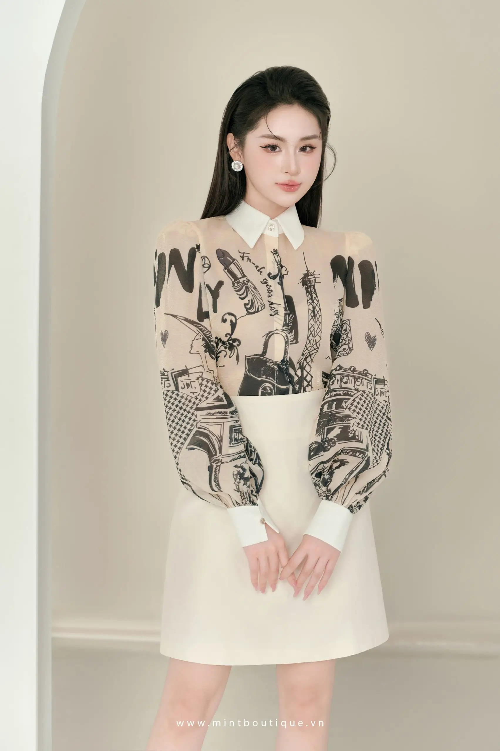 Áo sơ mi họa tiết mint lady tay dài cổ tafta kem kèm nơ rời