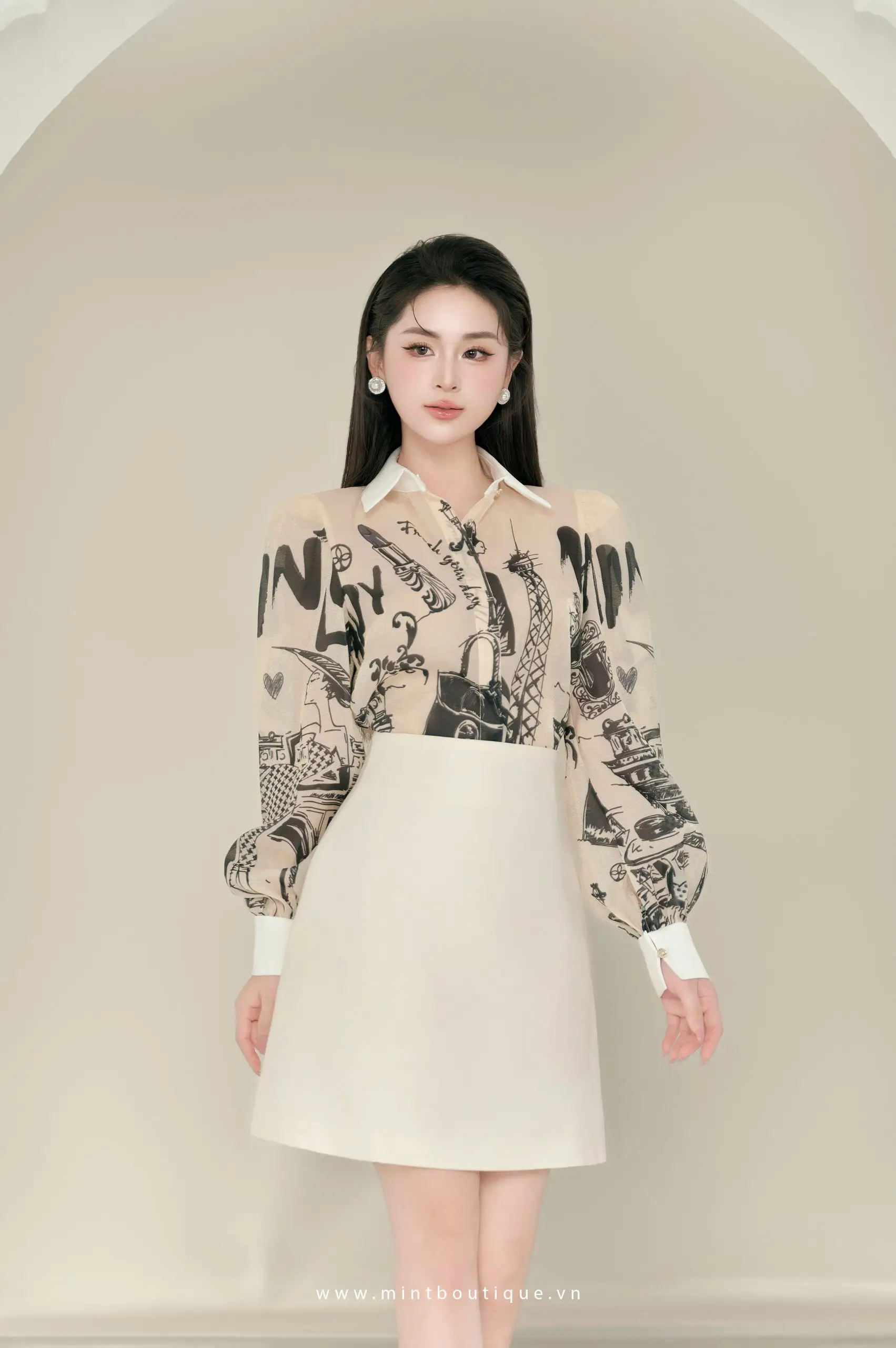 Áo sơ mi họa tiết mint lady tay dài cổ tafta kem kèm nơ rời - Image 3