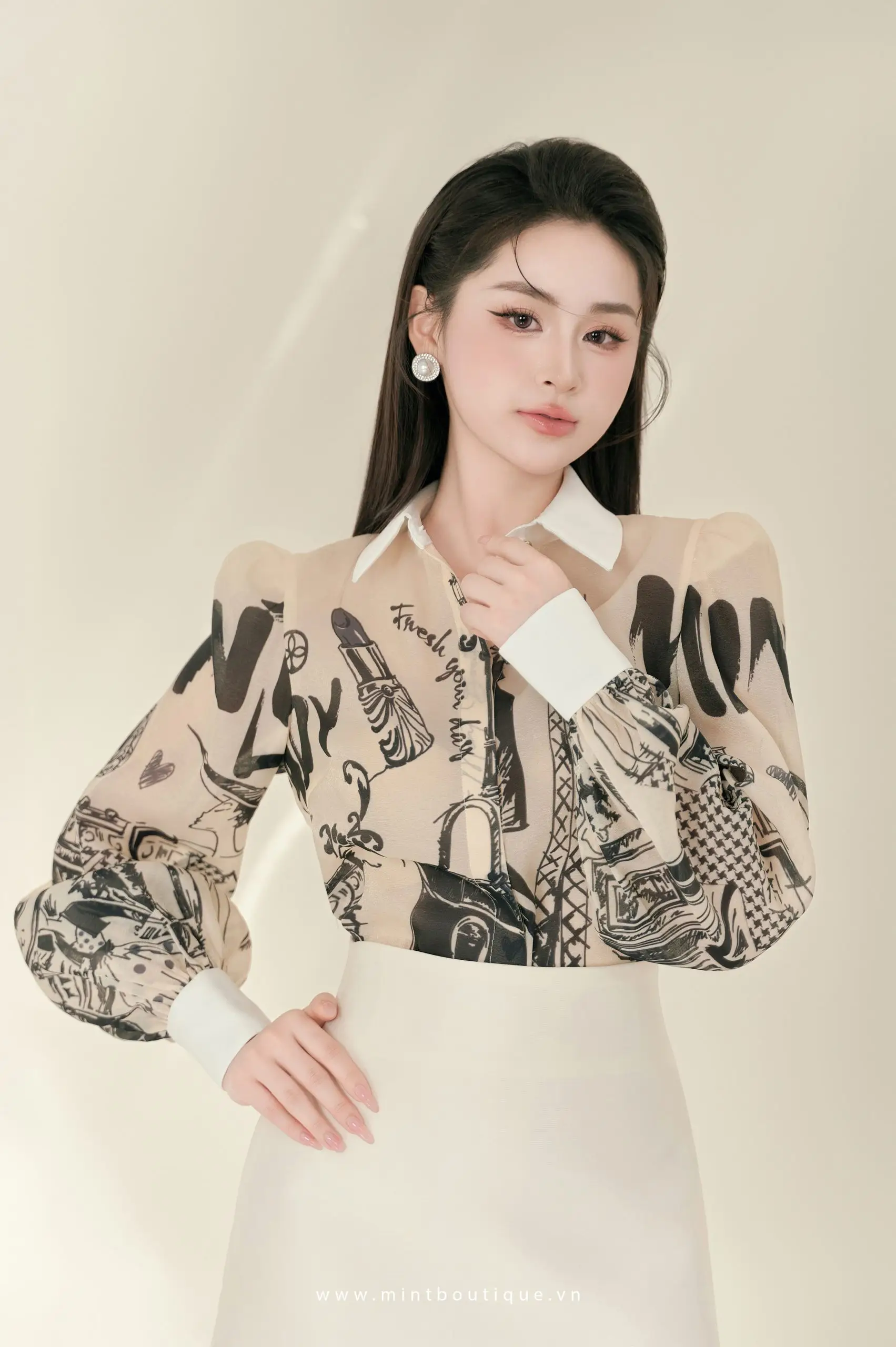 Áo sơ mi họa tiết mint lady tay dài cổ tafta kem kèm nơ rời - Image 2