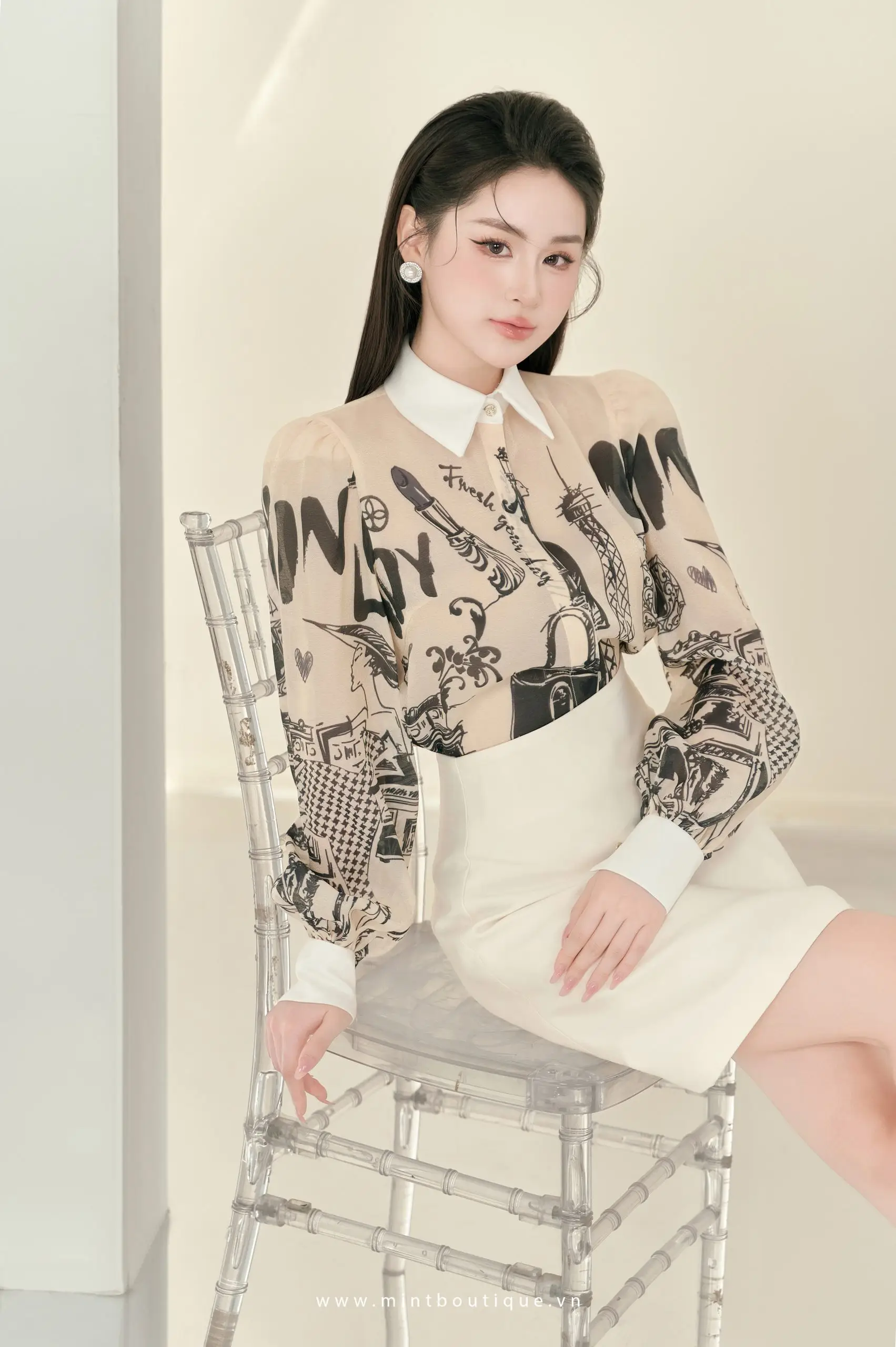 Áo sơ mi họa tiết mint lady tay dài cổ tafta kem kèm nơ rời - Image 5