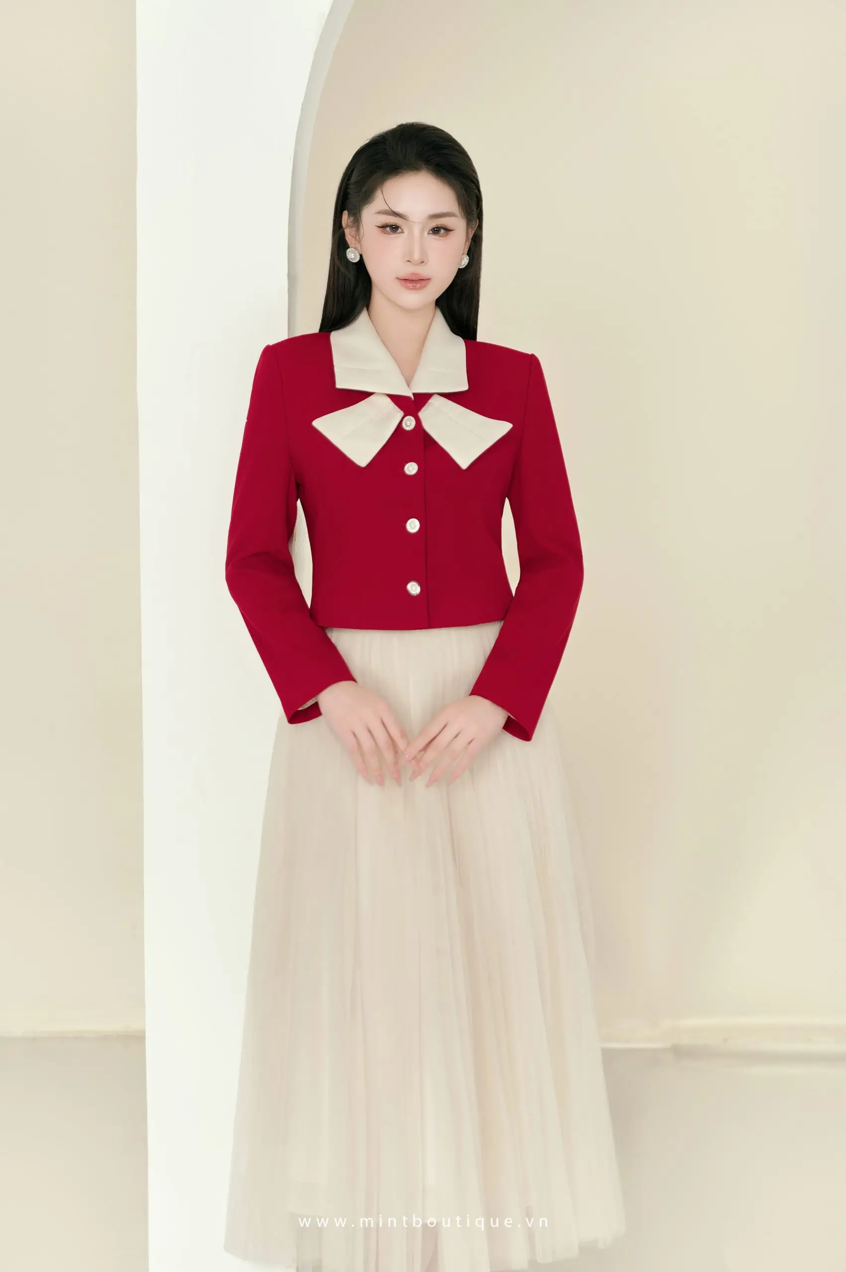 Chân váy lưới kem xếp ly rẻ quạt - Image 2