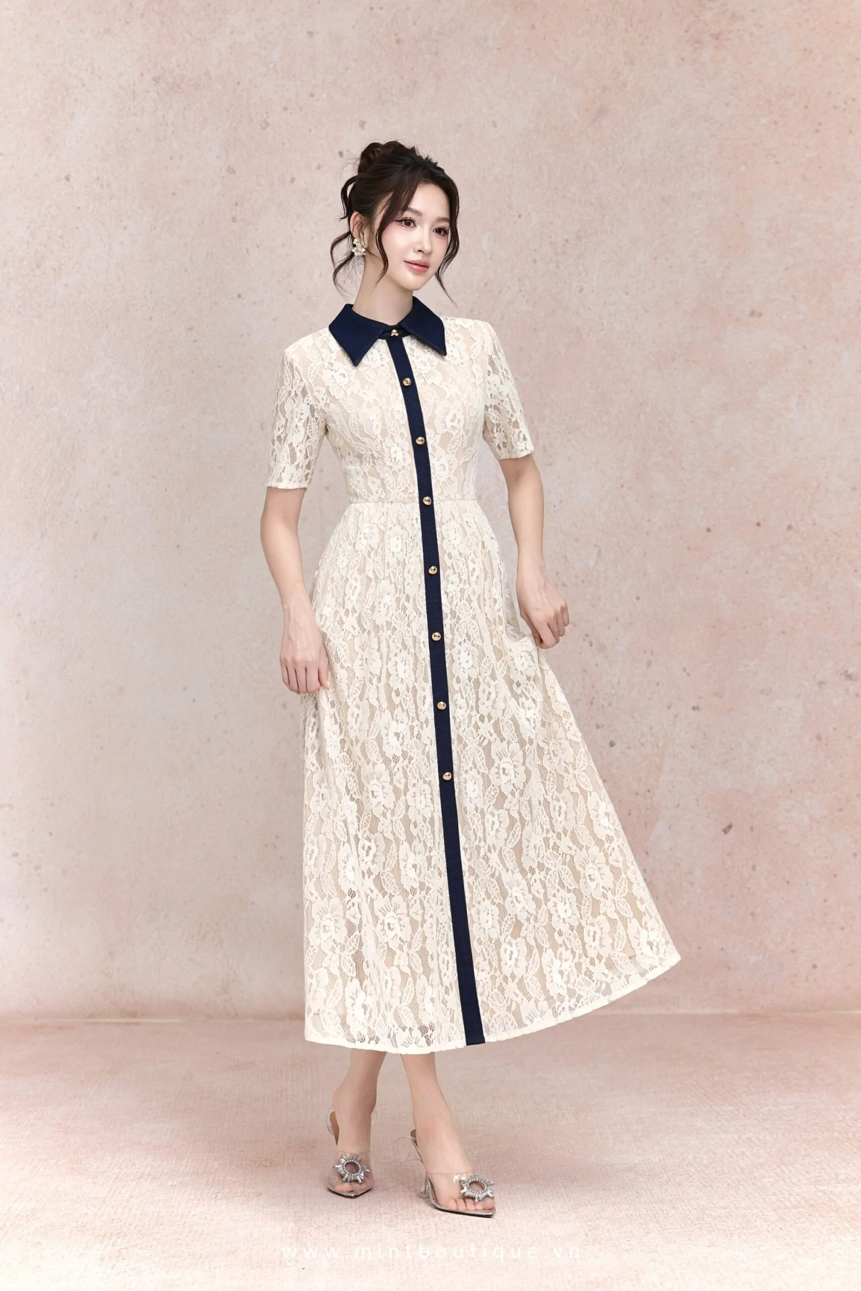 Váy liền ren kem lót da nẹp cổ phối vải bò - Image 5