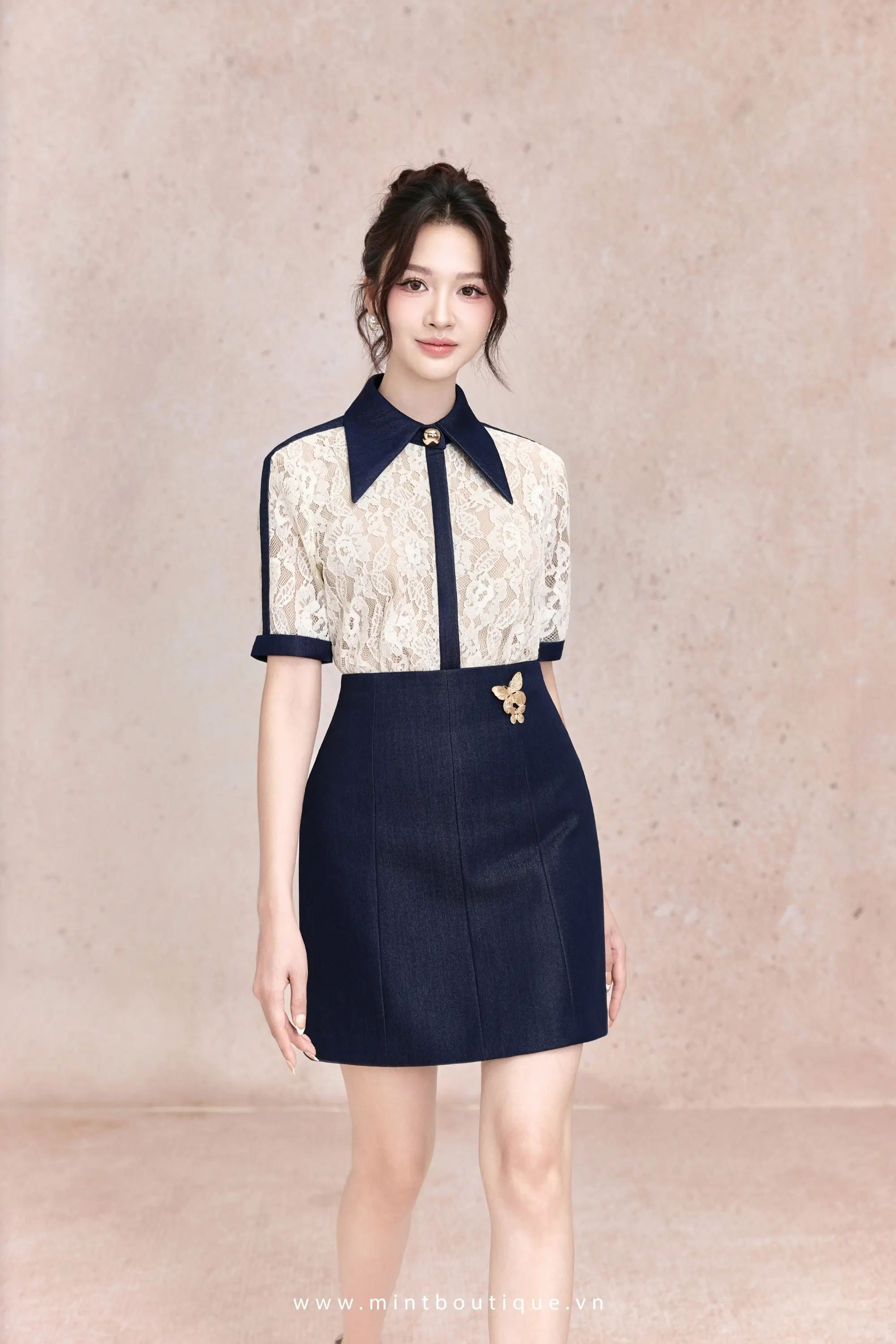 Chân váy bò lụa kèm khuy bướm - Image 4