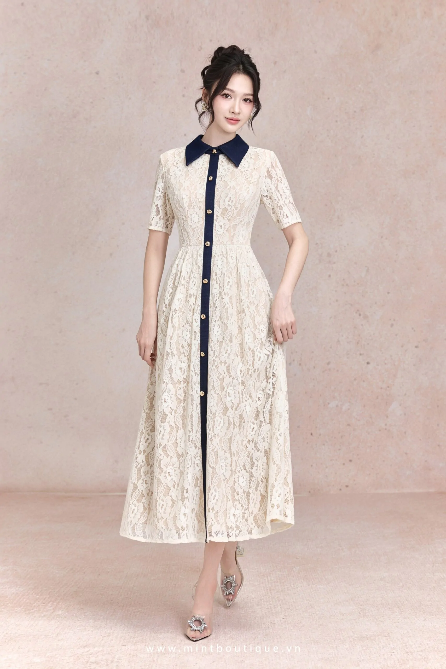 Váy liền ren kem lót da nẹp cổ phối vải bò - Image 6