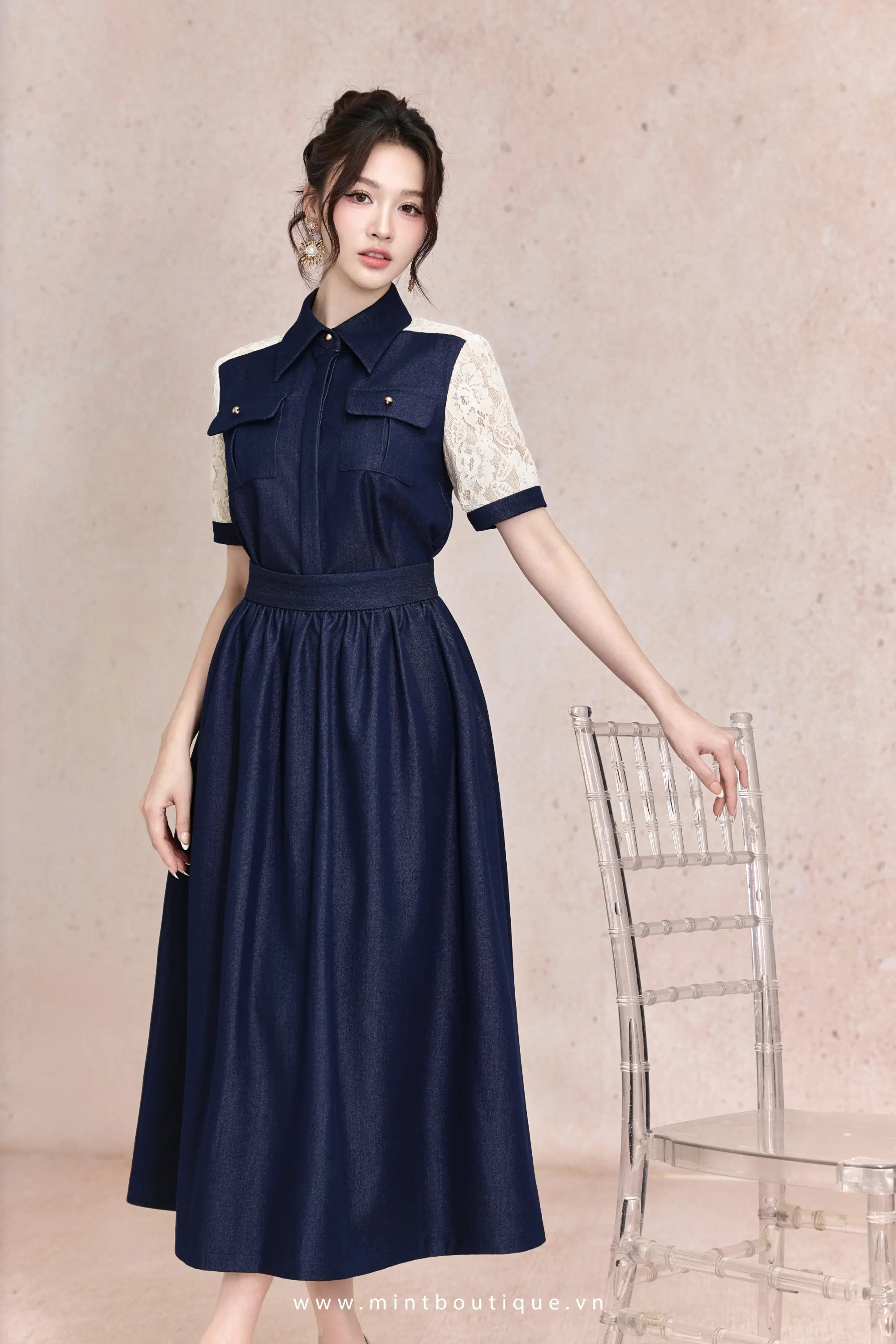 Chân váy bò rút nhăn cạp 5cm túi sườn - Image 3