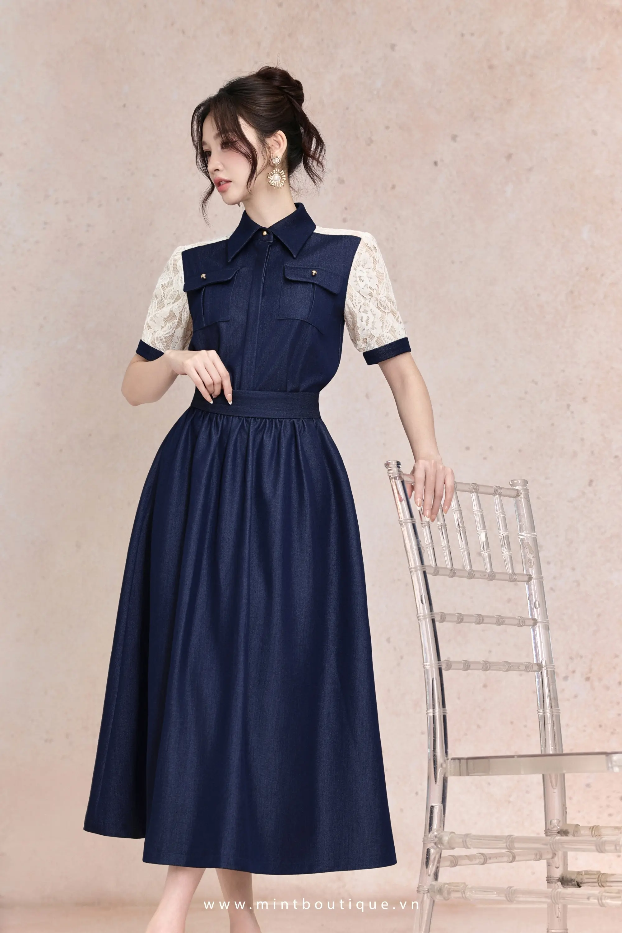 Chân váy bò rút nhăn cạp 5cm túi sườn