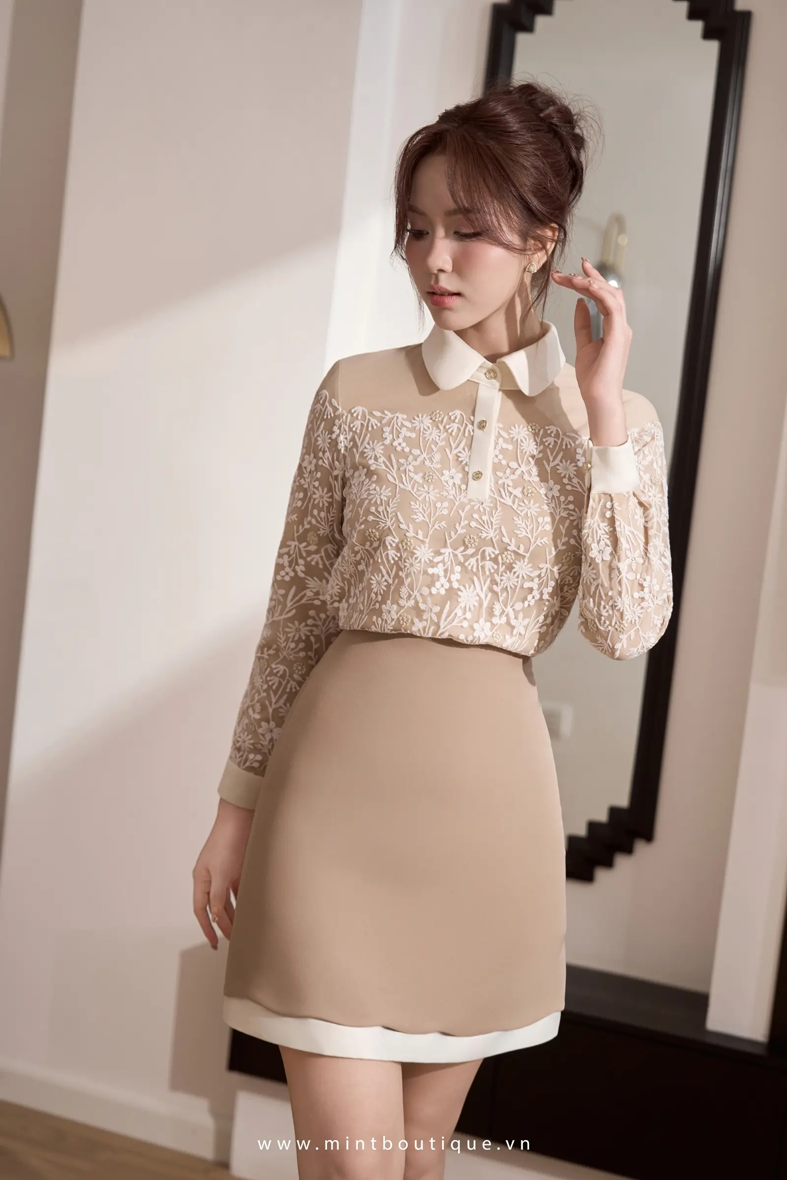 Chân váy chéo dior nâu cạp liền lượn mây phối chéo dior kem - Image 5