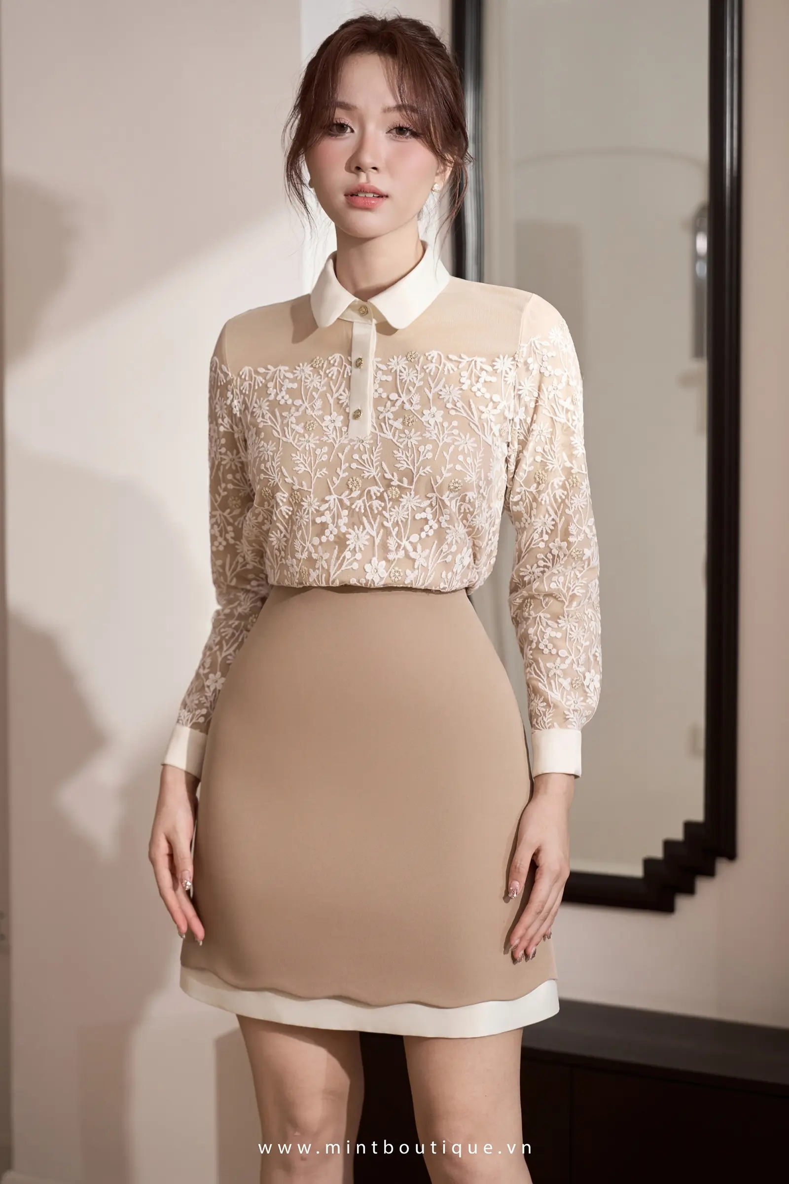 Chân váy chéo dior nâu cạp liền lượn mây phối chéo dior kem