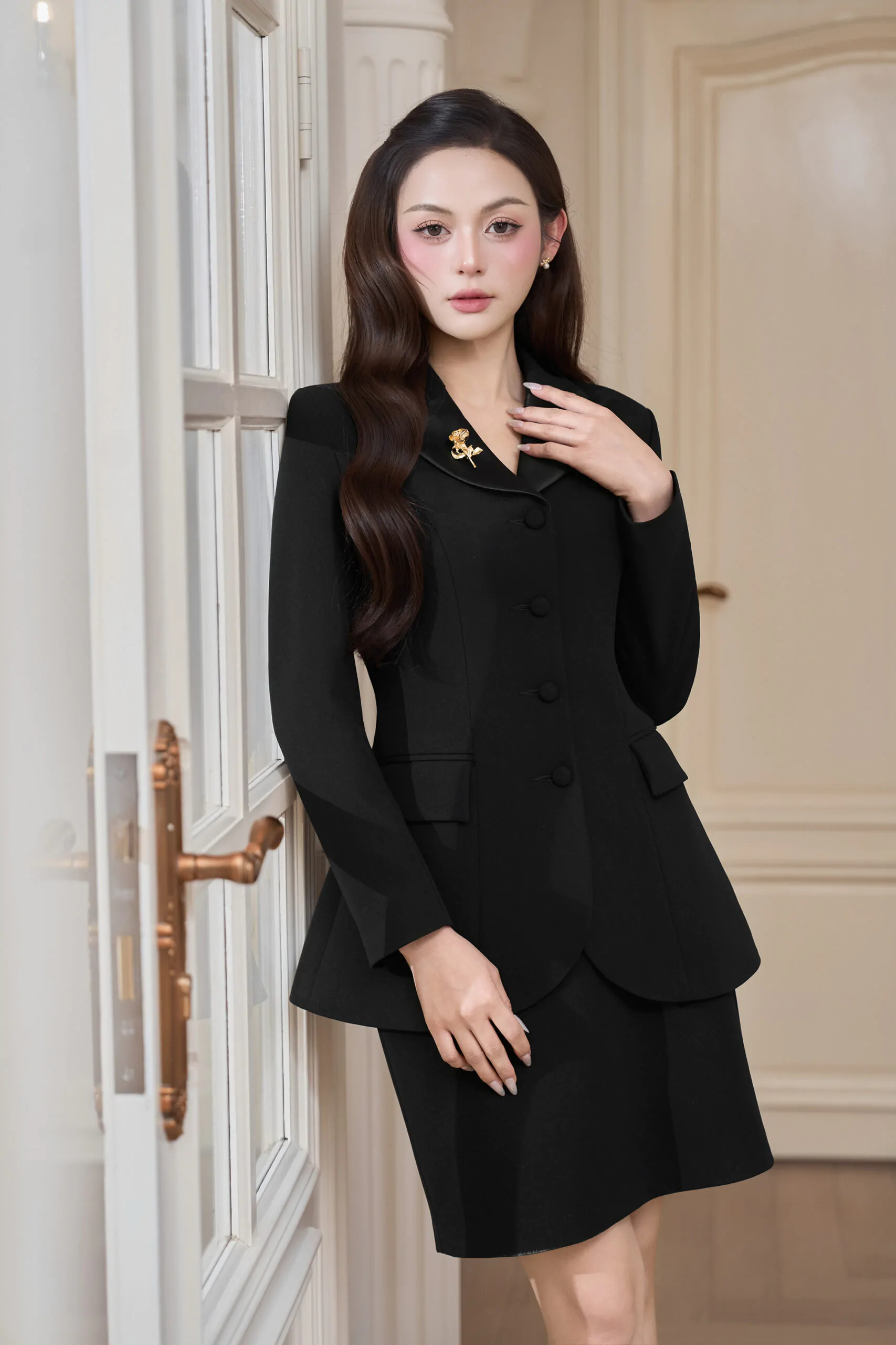 Áo vest thô đen ve cổ phối taffa đen vạt tròn áo choàng - Image 5