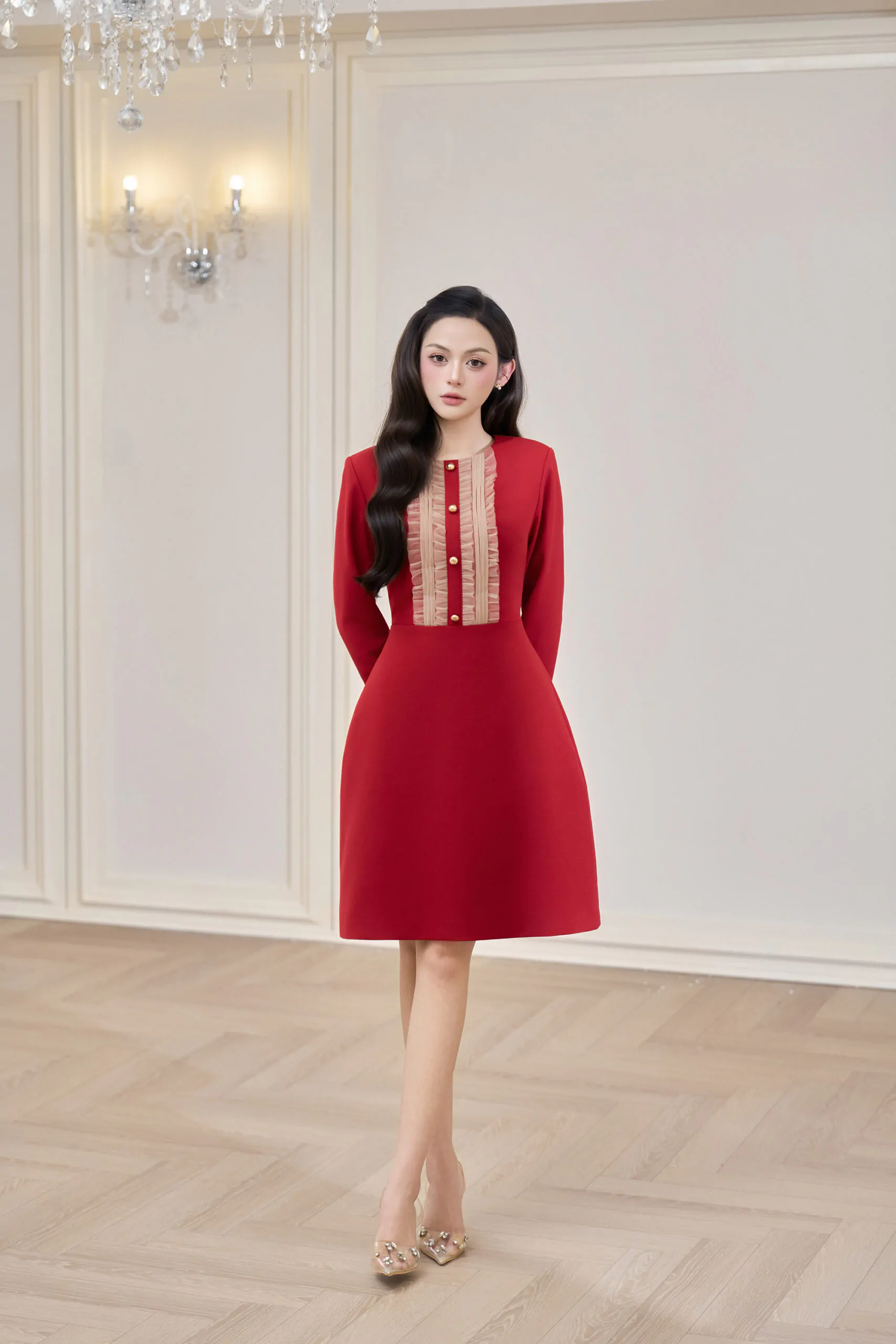 Váy liền đỏ tươi phối bèo lưới da ngực - Image 6