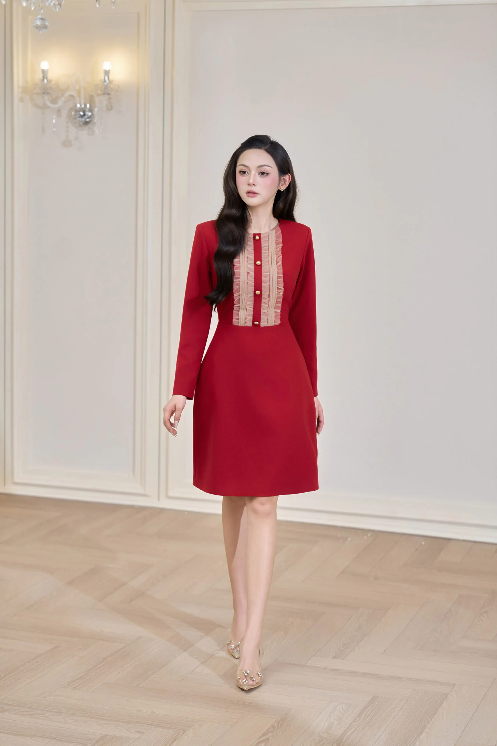 Váy liền đỏ tươi phối bèo lưới da ngực - Image 5