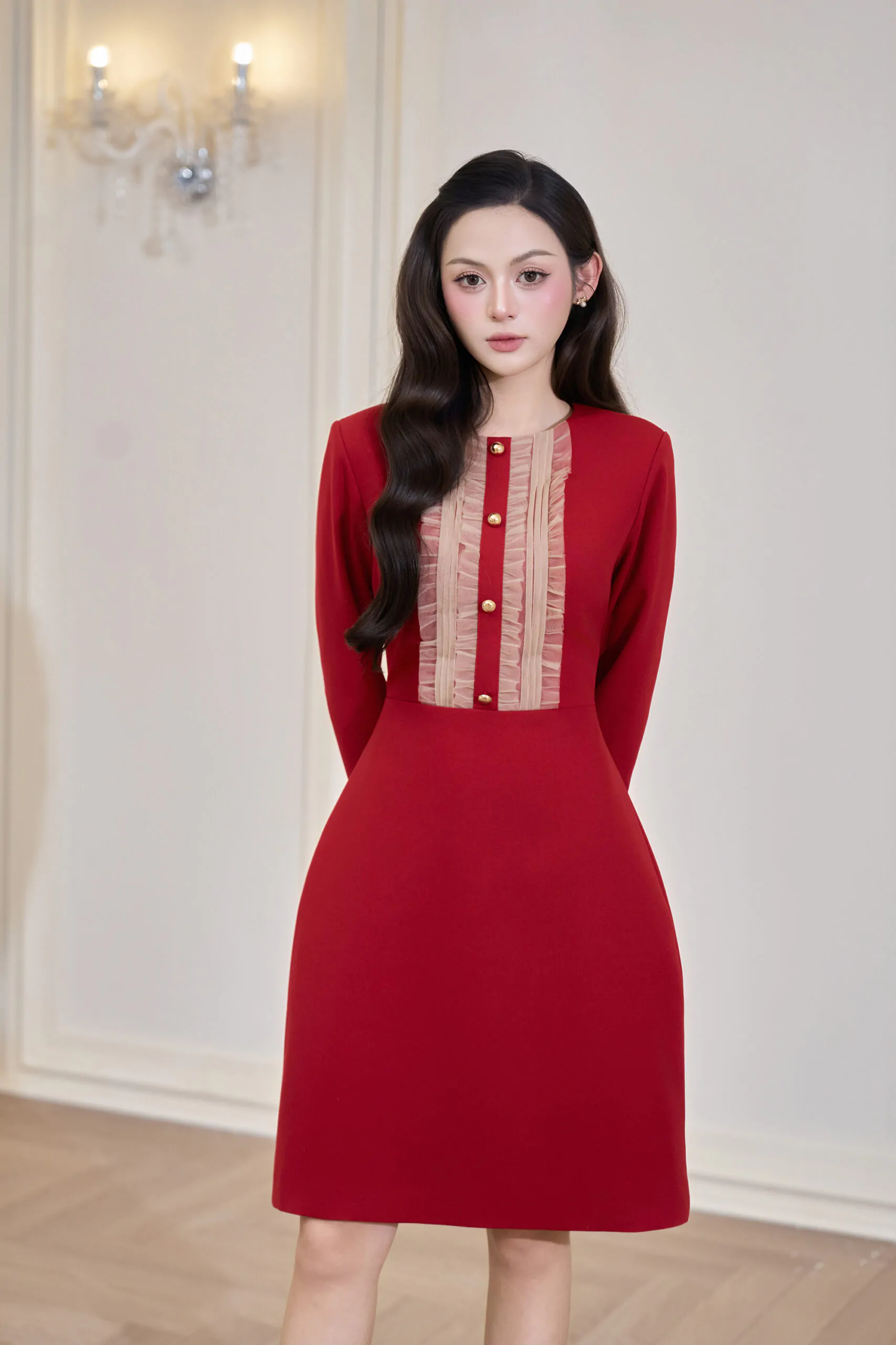 Váy liền đỏ tươi phối bèo lưới da ngực - Image 4