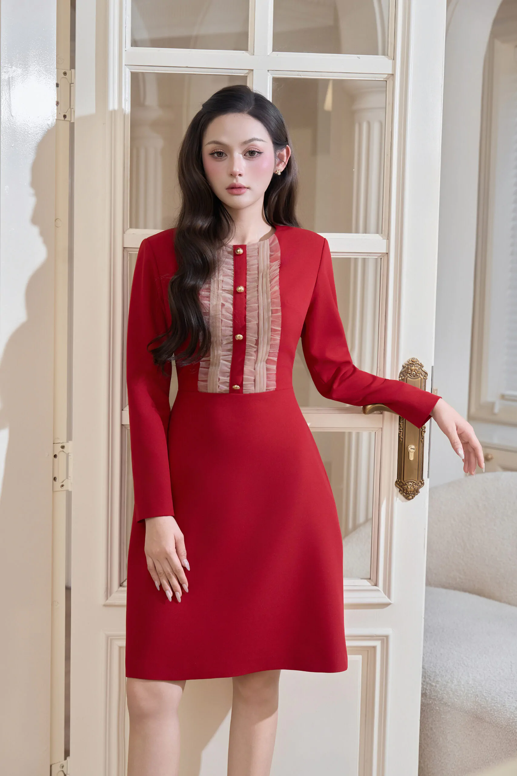 Váy liền đỏ tươi phối bèo lưới da ngực - Image 3