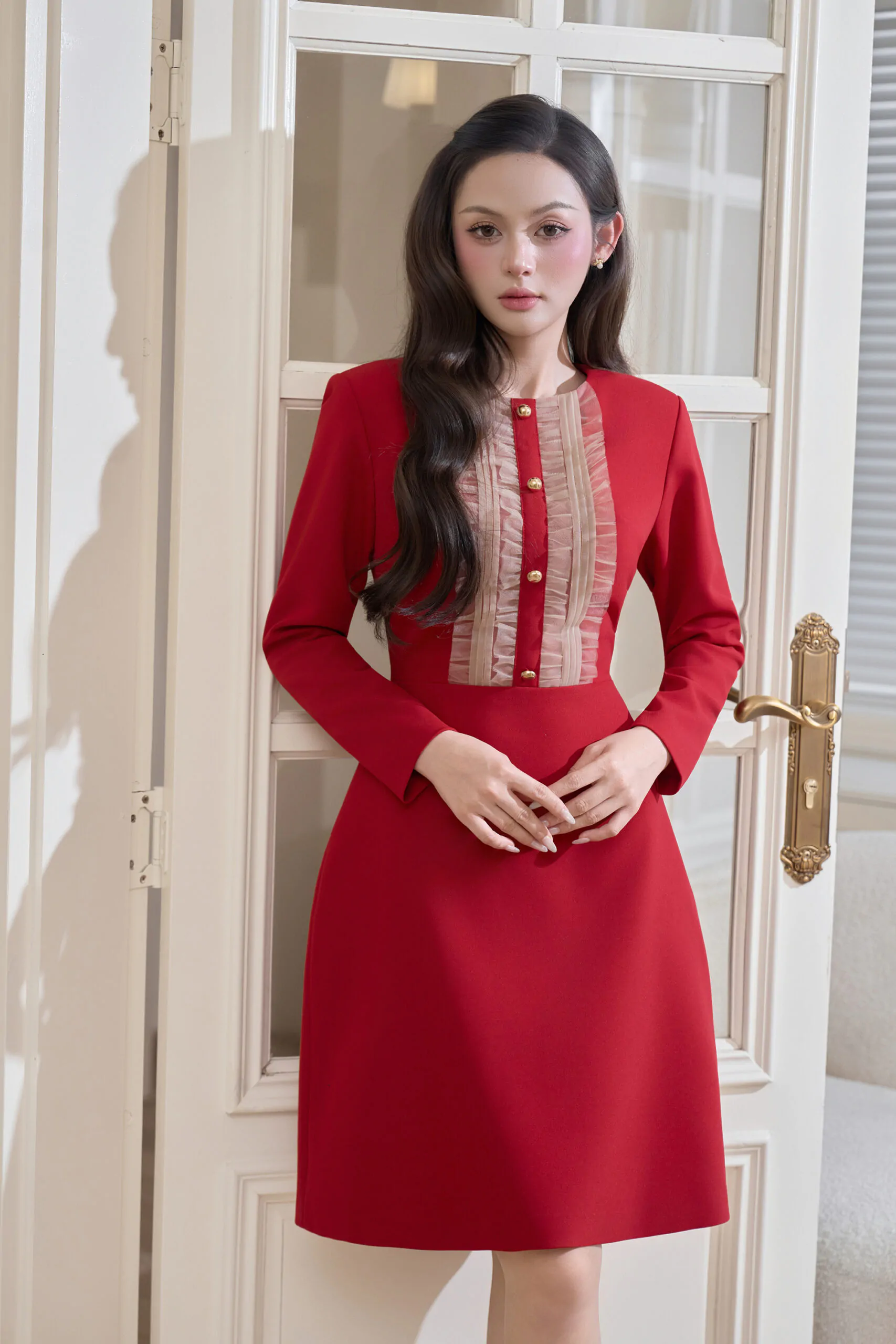 Váy liền đỏ tươi phối bèo lưới da ngực - Image 2